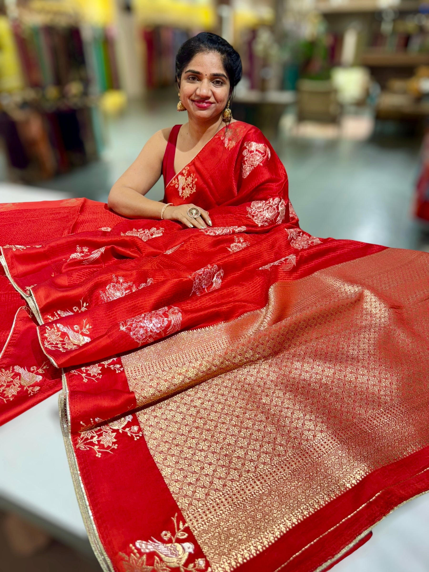 Orangish Red Designer Mashru Silk Saree