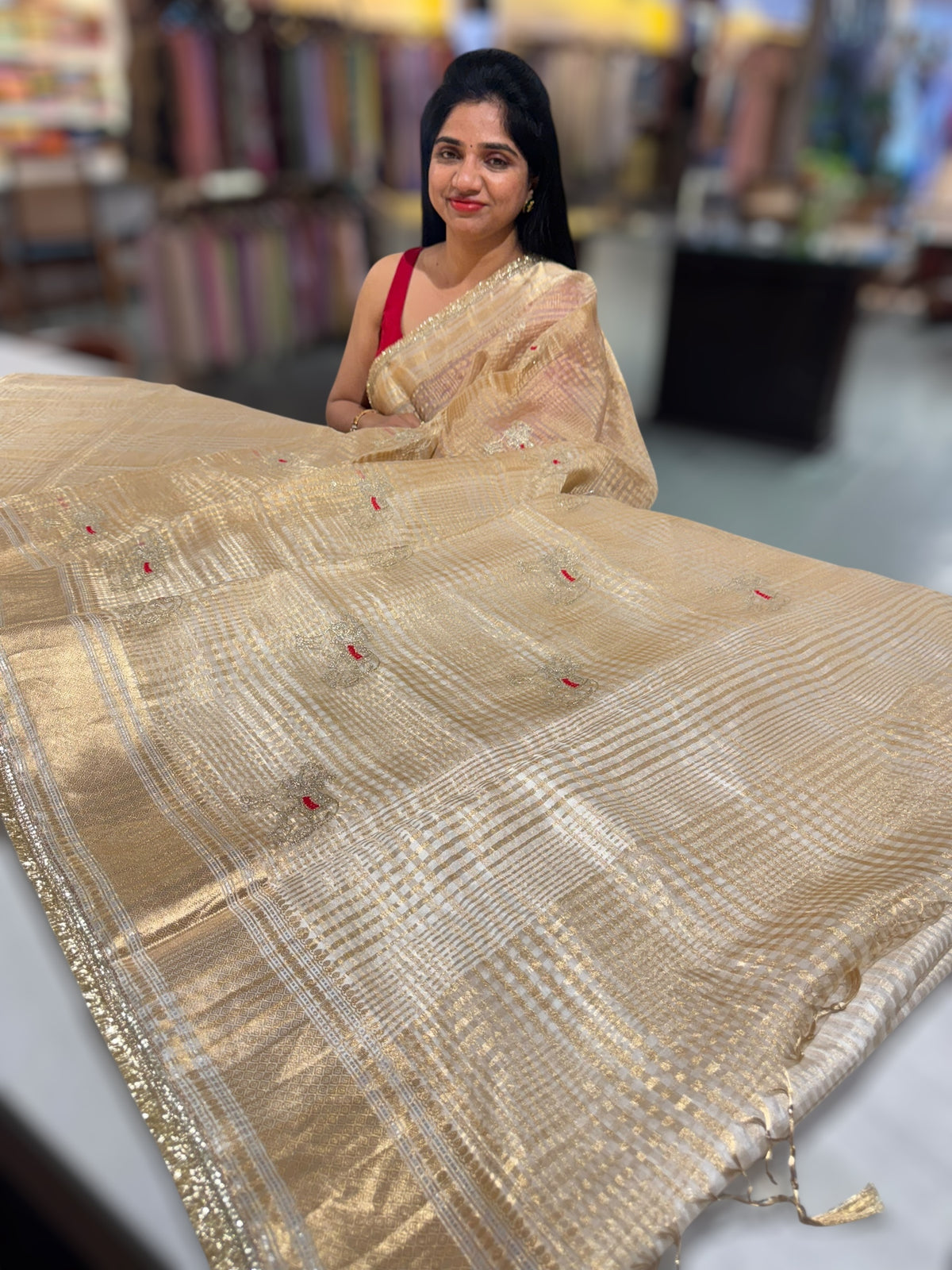 Beige Banarasi Kora Tissue Checks Saree with nandi motifs