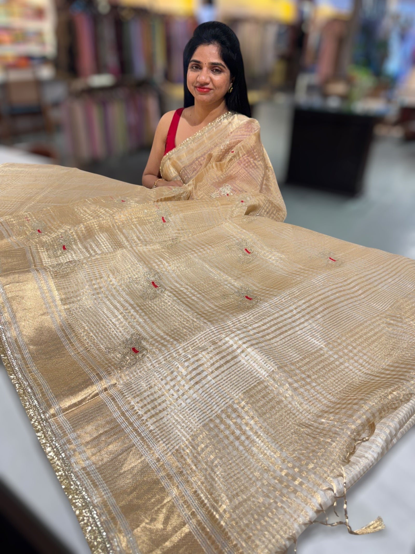 Beige Banarasi Kora Tissue Checks Saree with nandi motifs