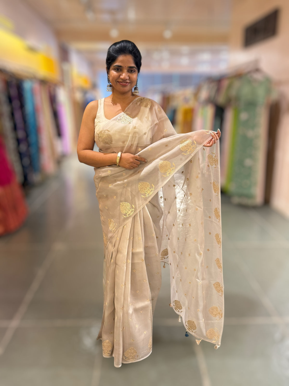 Silverish Tone Pure Organza Saree With Embroidered Motifs & Tussar Printed Blouse