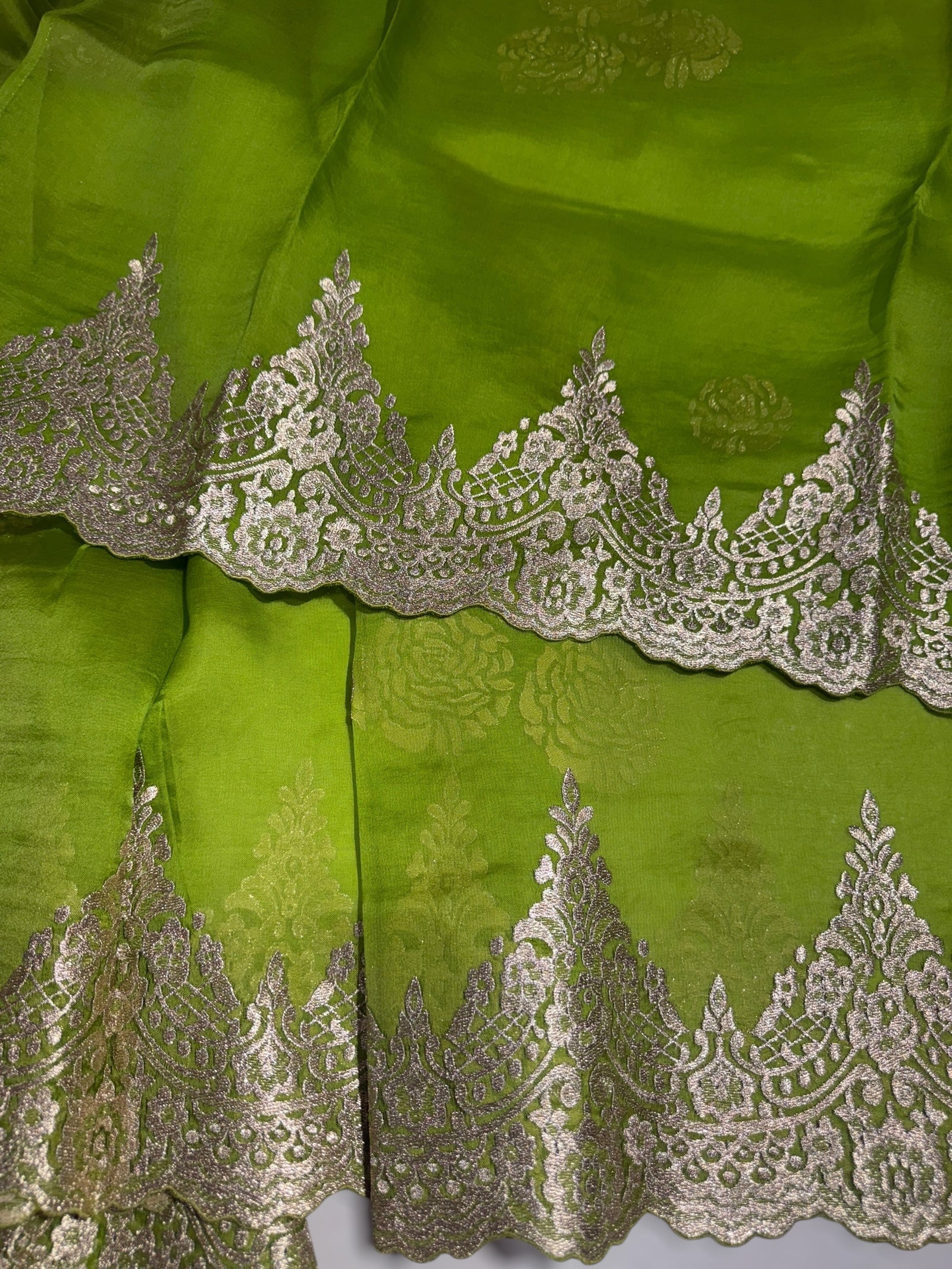 Neon Green Organza with chantilly Lace embroidery