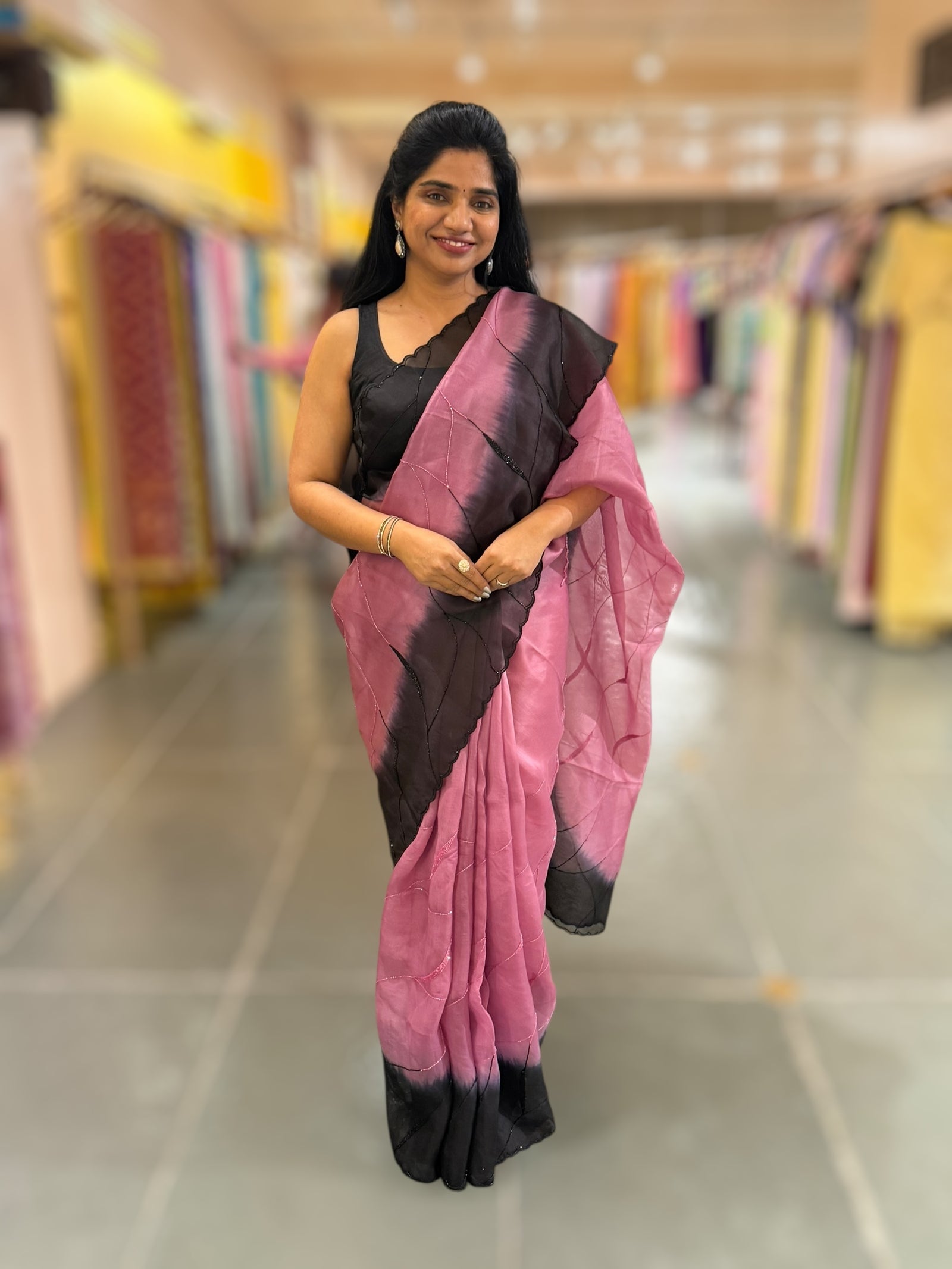 Rose Pink & Black Ombre Dyed Pure Organza handwork saree