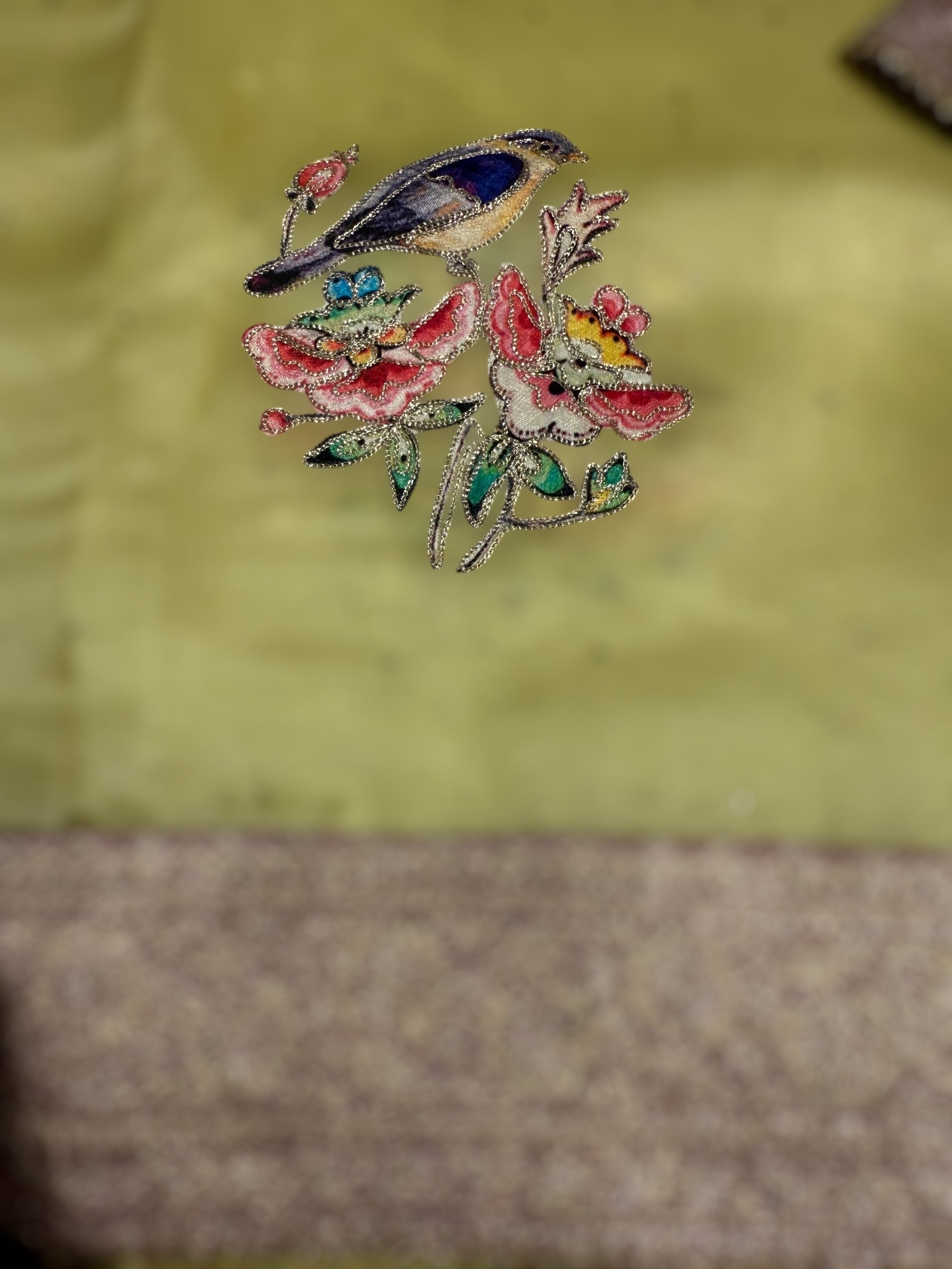 Lime yellow Pure Organza Saree with banarasi pitawork border and bird applique motifs allover the saree