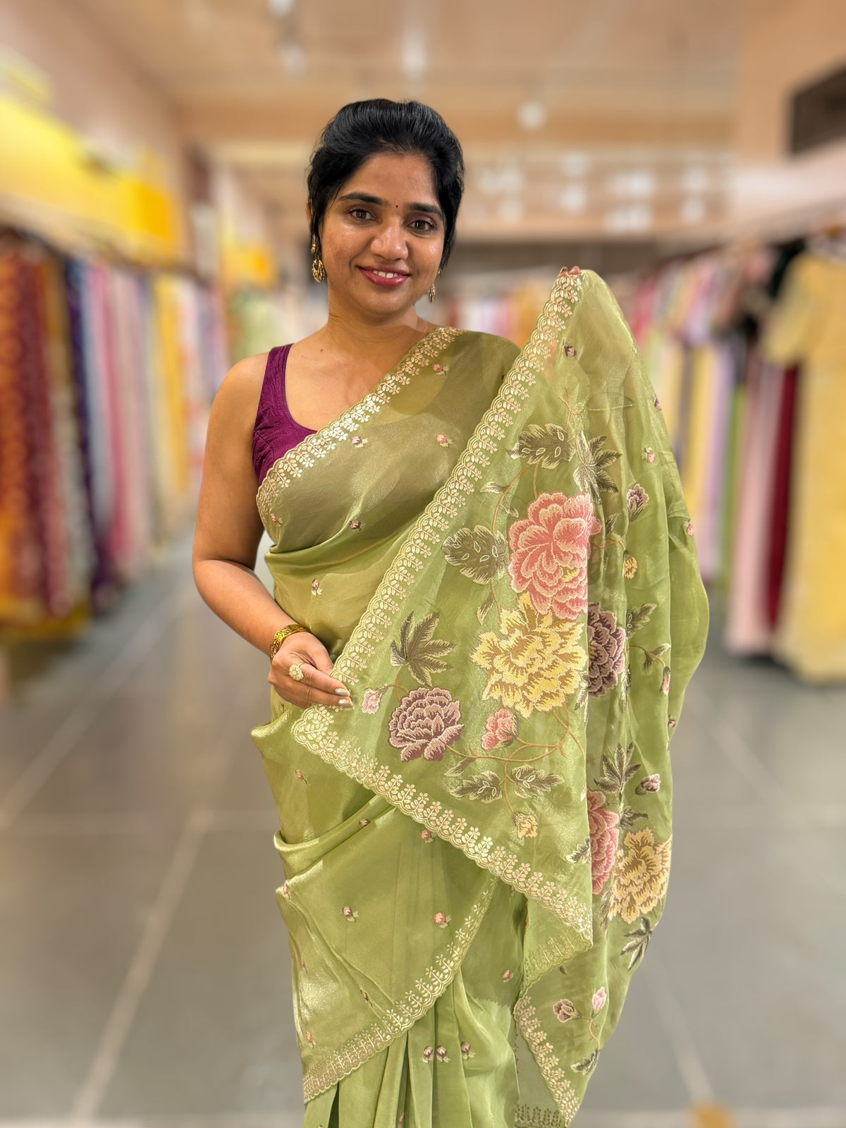 Light Olive Green Tissue Georgette Saree with petite point emb