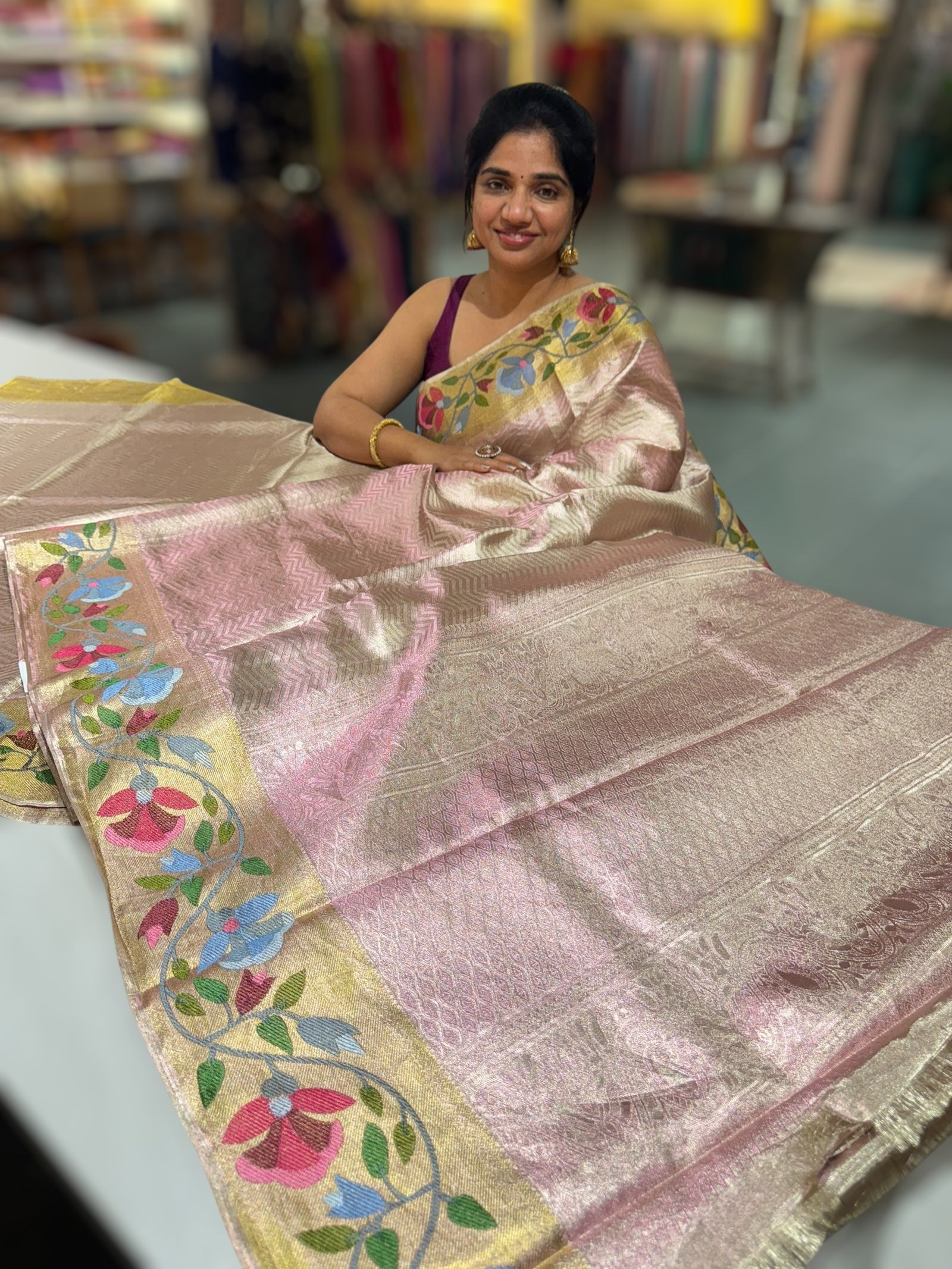 Light Rose Pink Kanchi Tissue Brocade Saree With jamdani inspired embroidery.