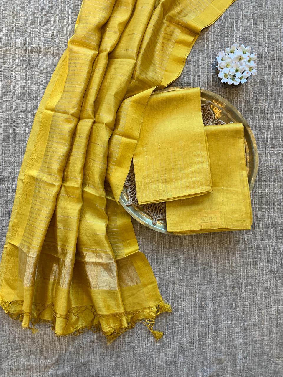 Mustard  Banarasi Handloom Chiniya Silk 3-pc Suit Set