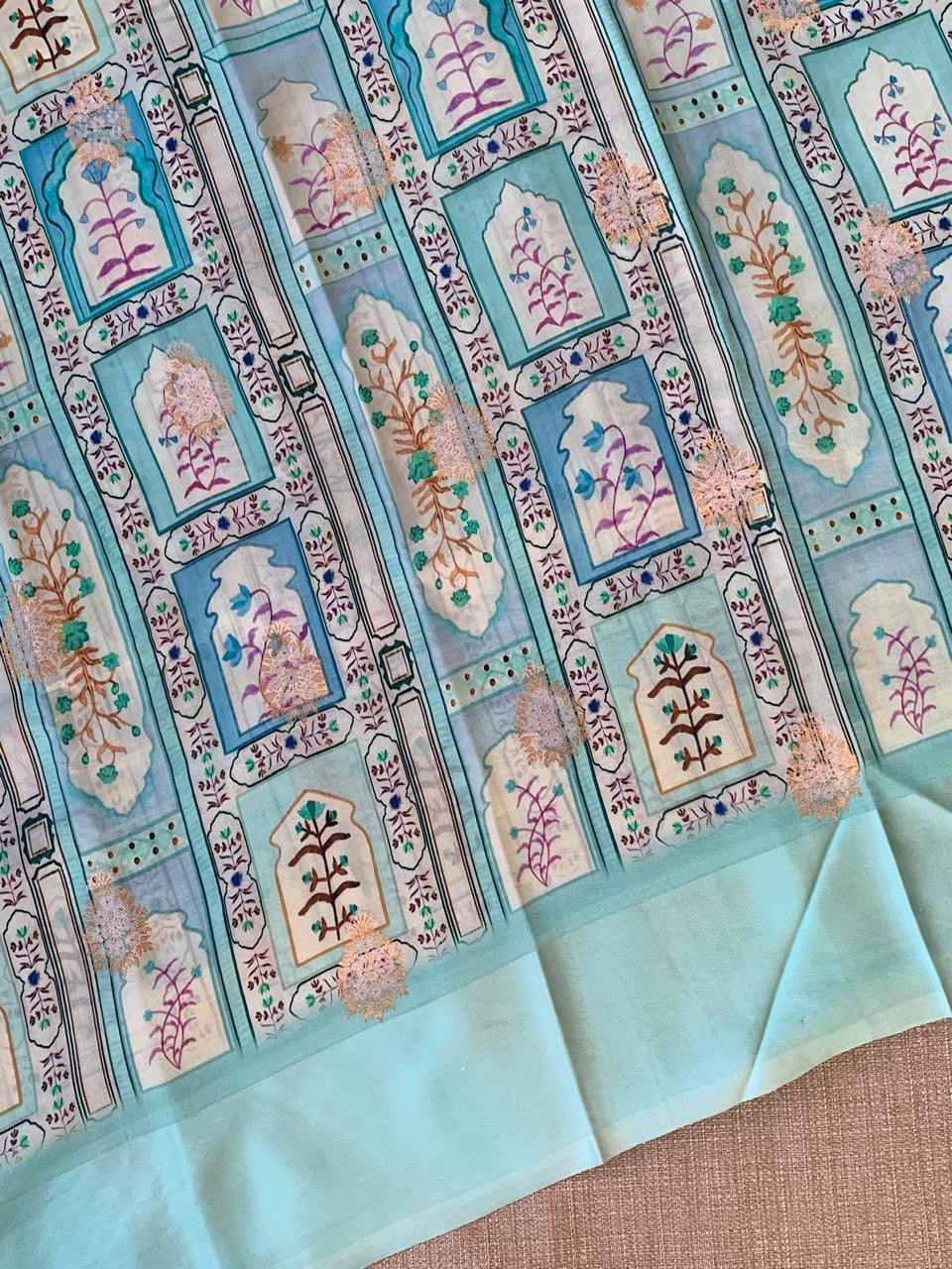 Mint Blue Soft Silk Saree with patola style print and mashru borders