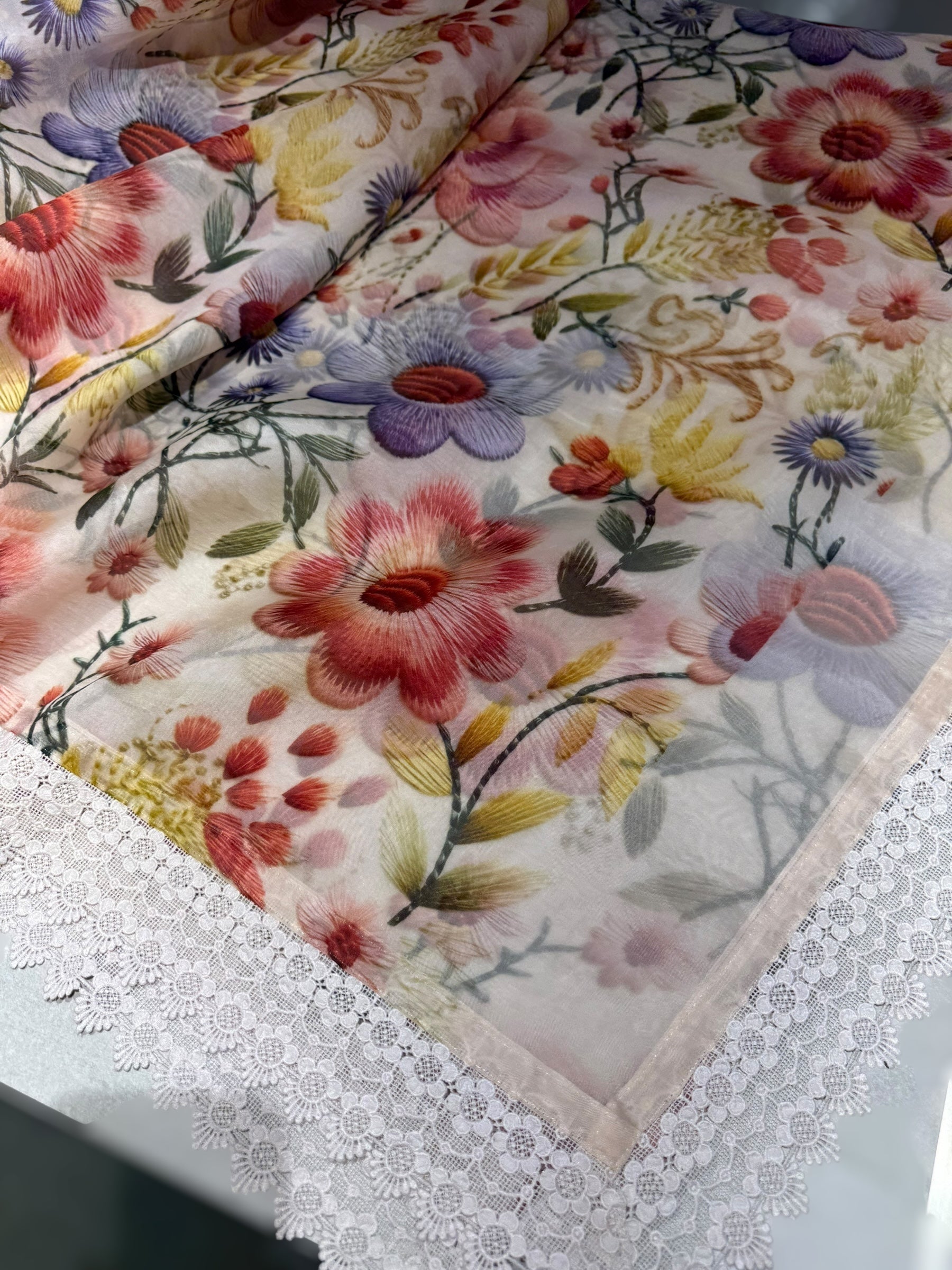 Ivory Organza 3D floral Printed Saree hemlined with crotia lace