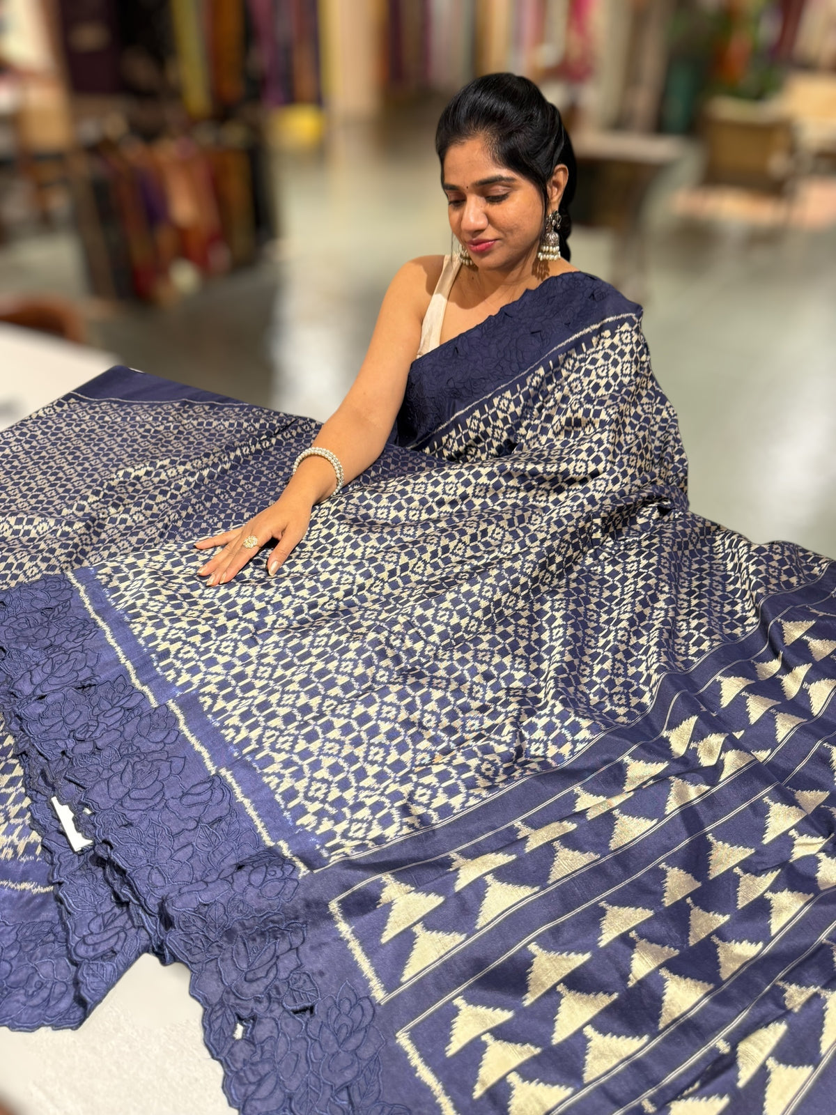 Midnight Blue Cambodian–inspired Ikkat Silk Saree with cutwork Rose Border