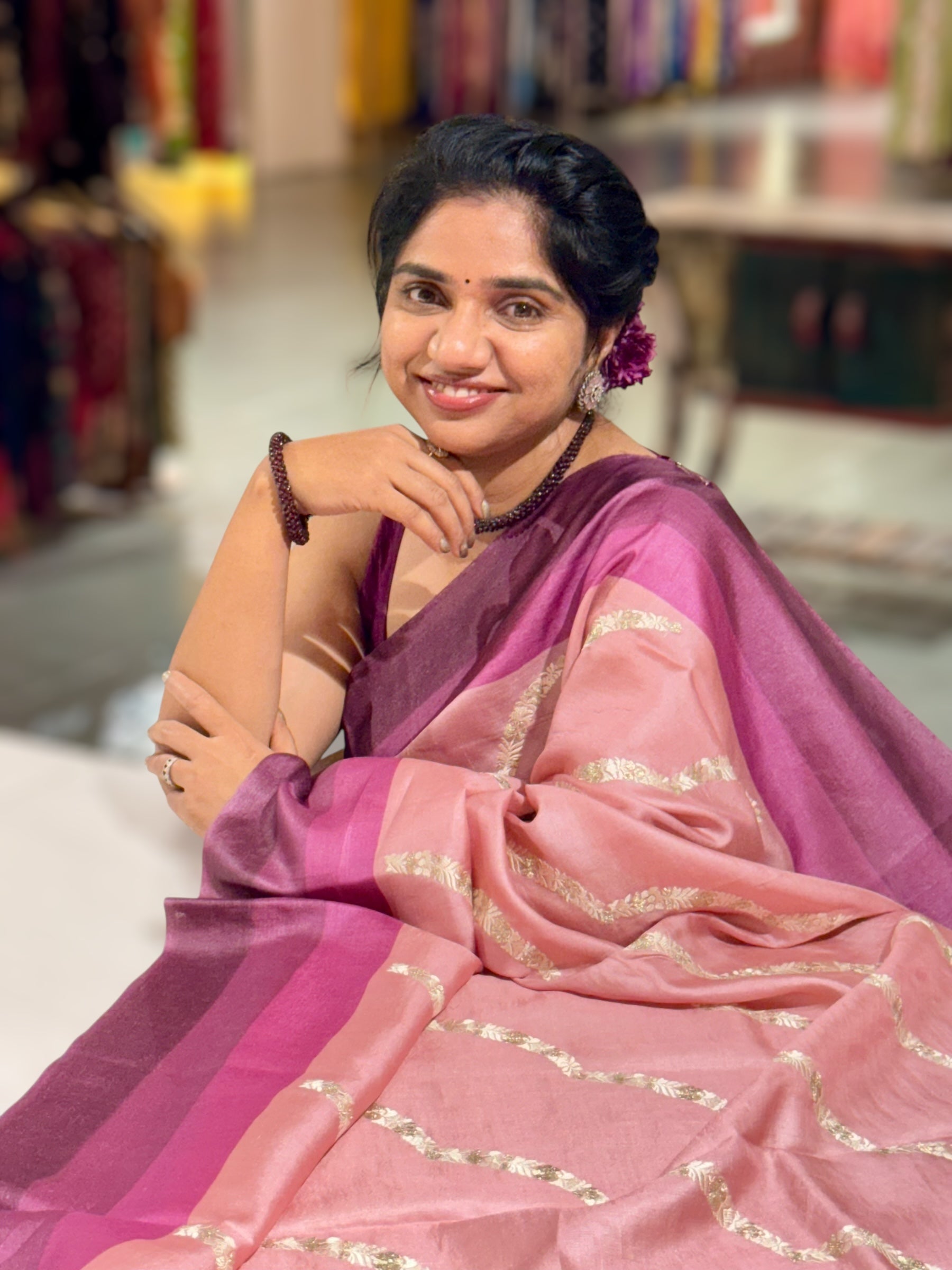 Onion Pink Embroidered Tussar Saree