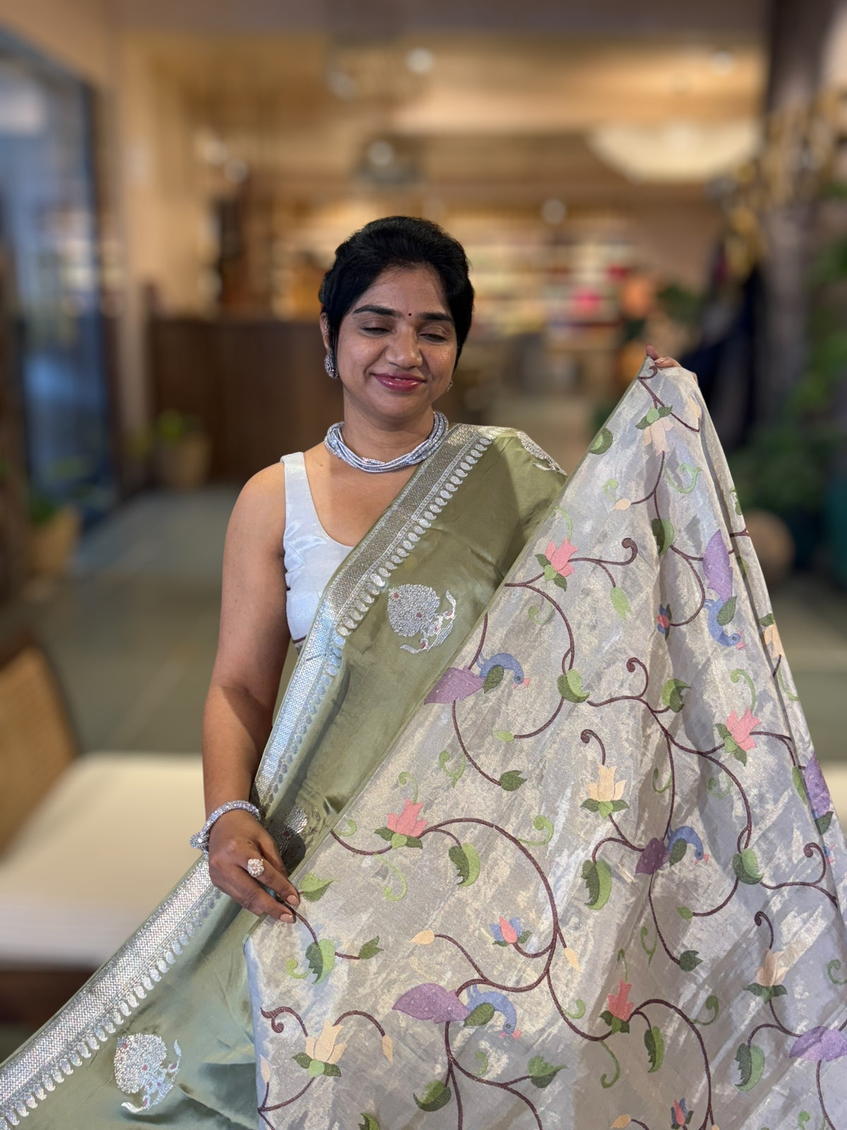 Sage Green Satin Saree with Embroidery.