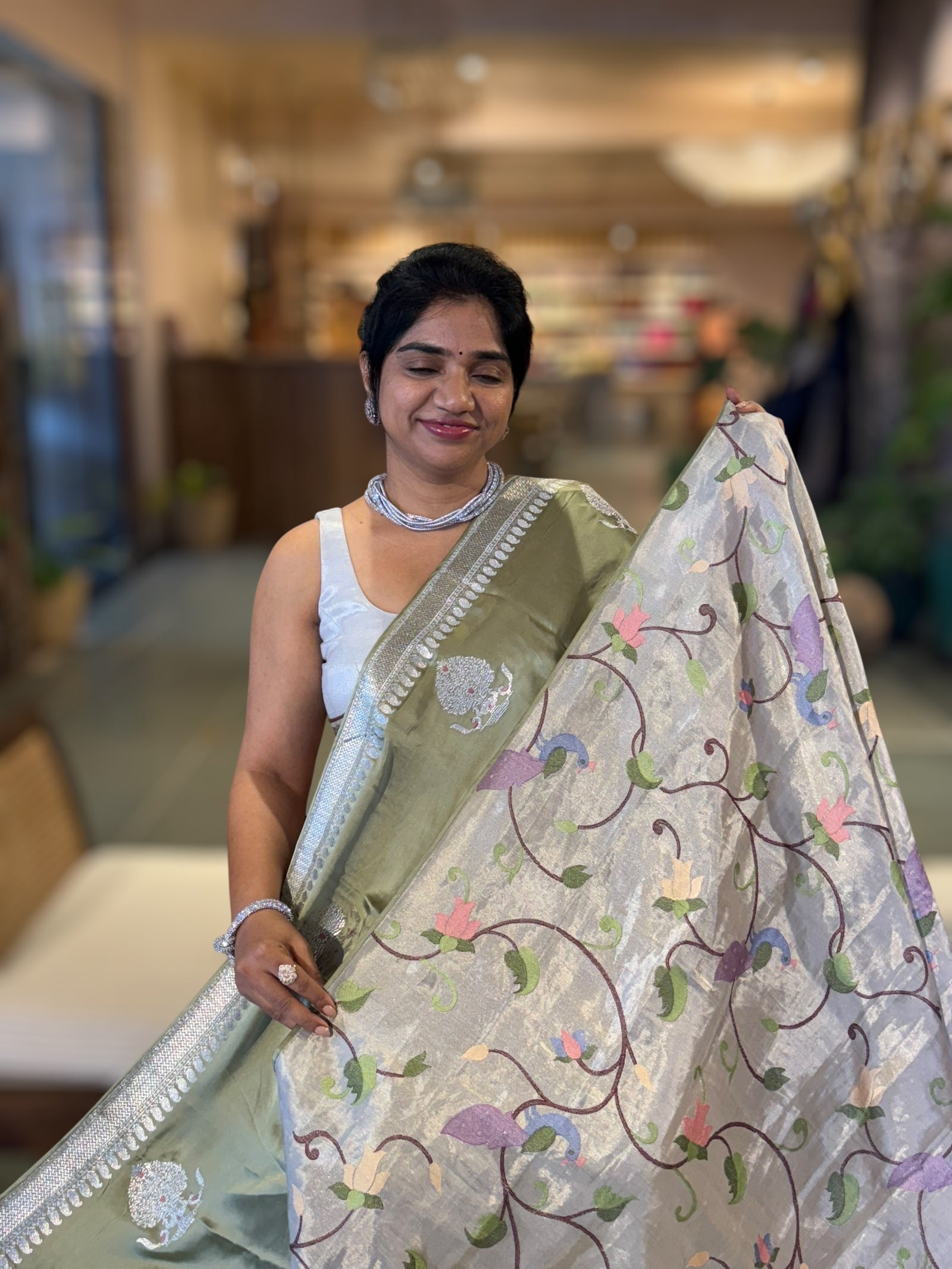 Sage Green Satin Saree with Embroidery.