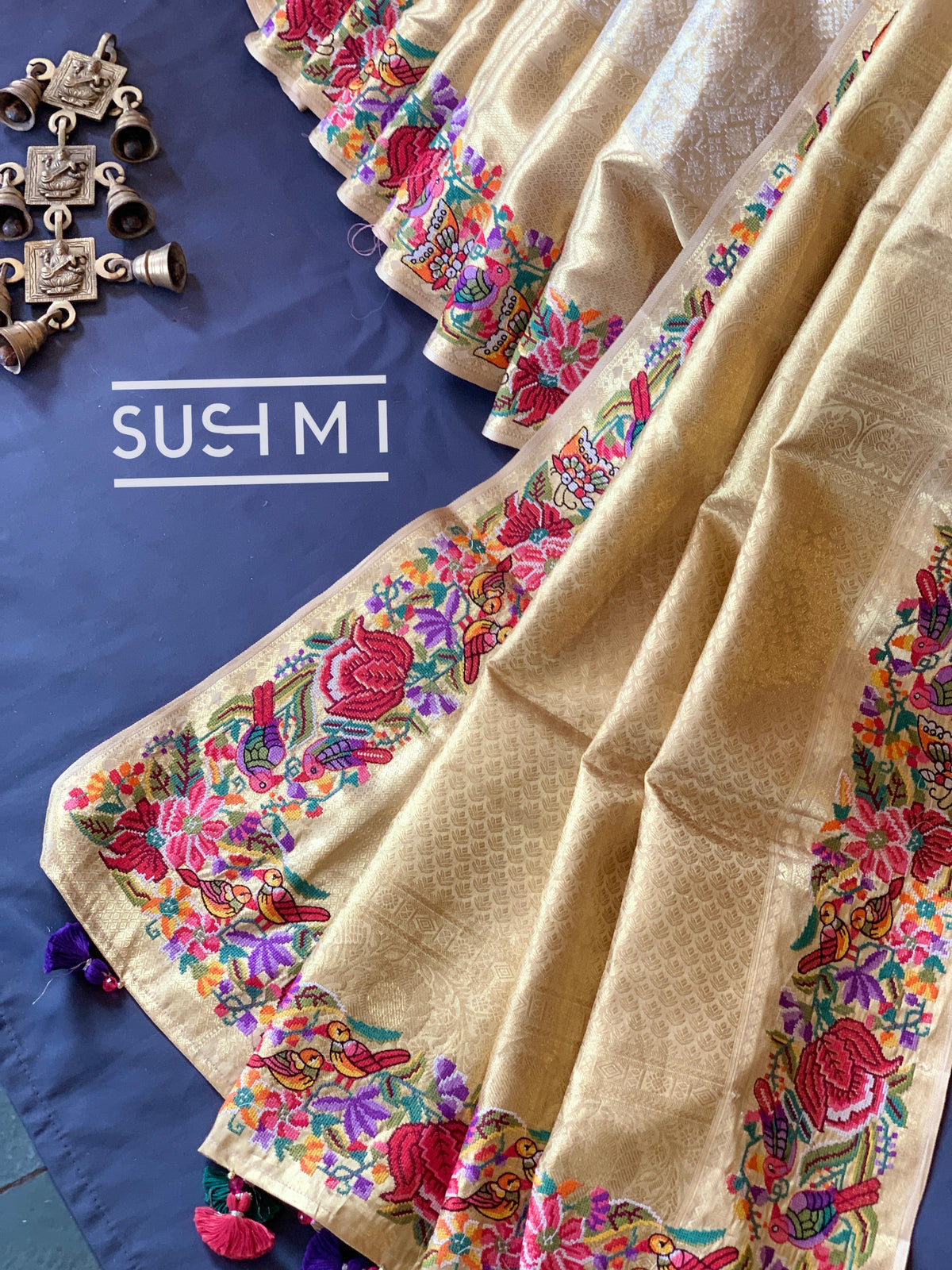 Gold Kanjeevaram Tissue Sareewith petite point embroidery : S62F087