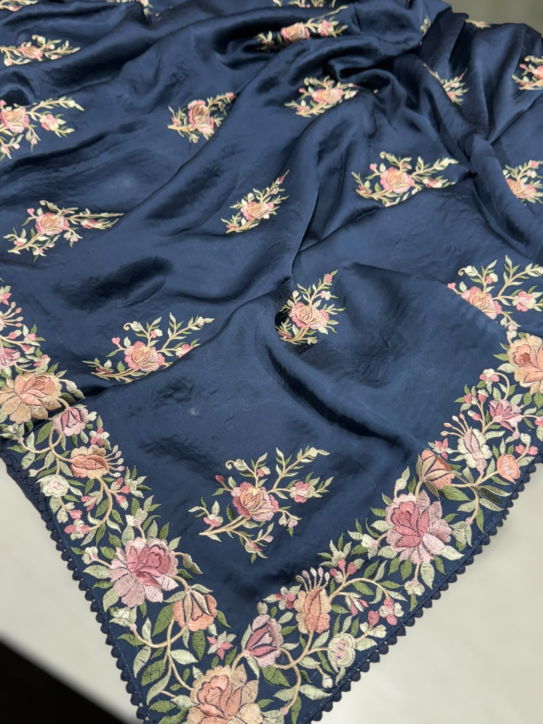 Midnight Blue Satin Saree with Parsi Gara embroidery