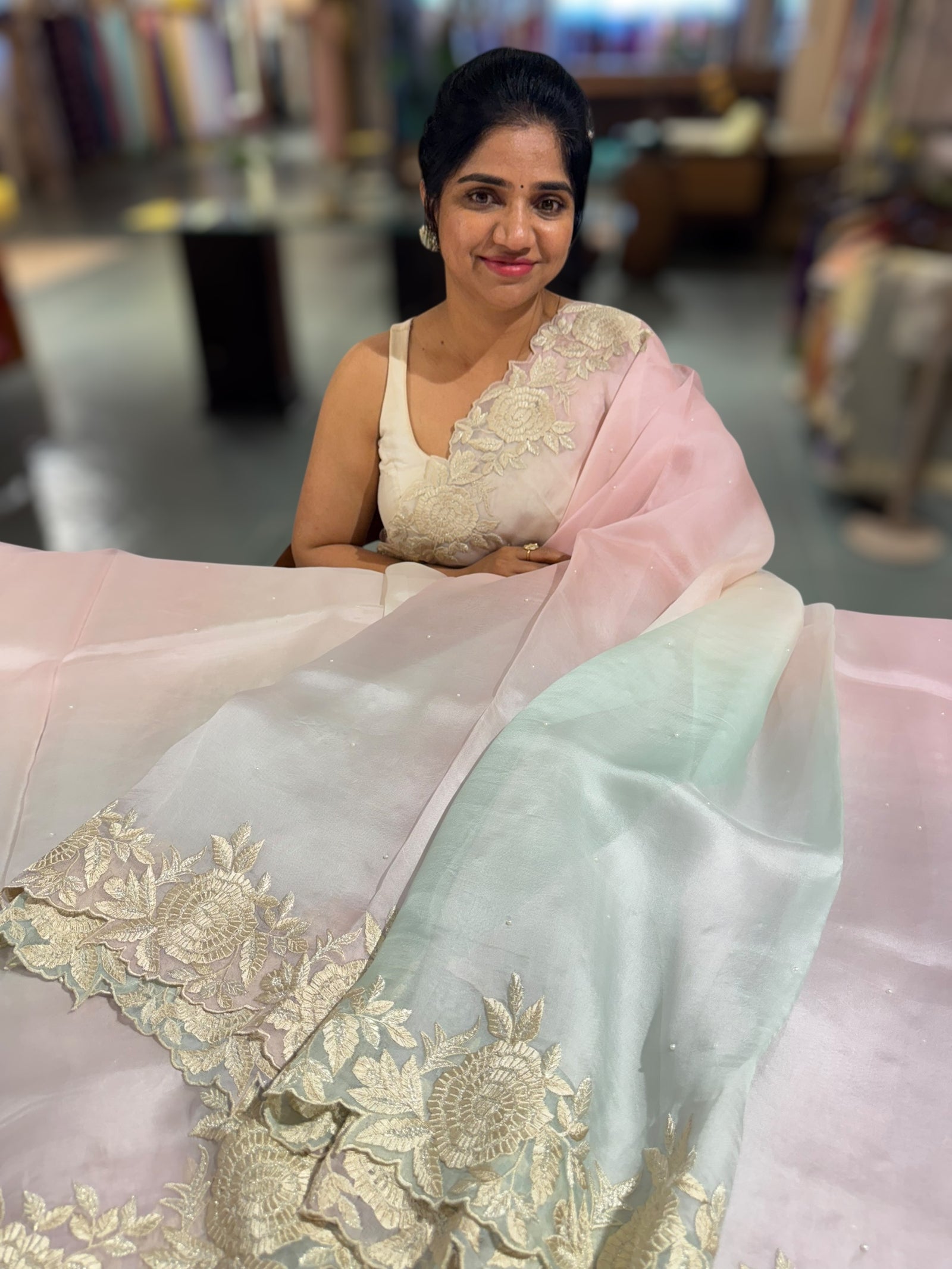 Ombre dyed Pure Organza Saree with parsi gara embroidery