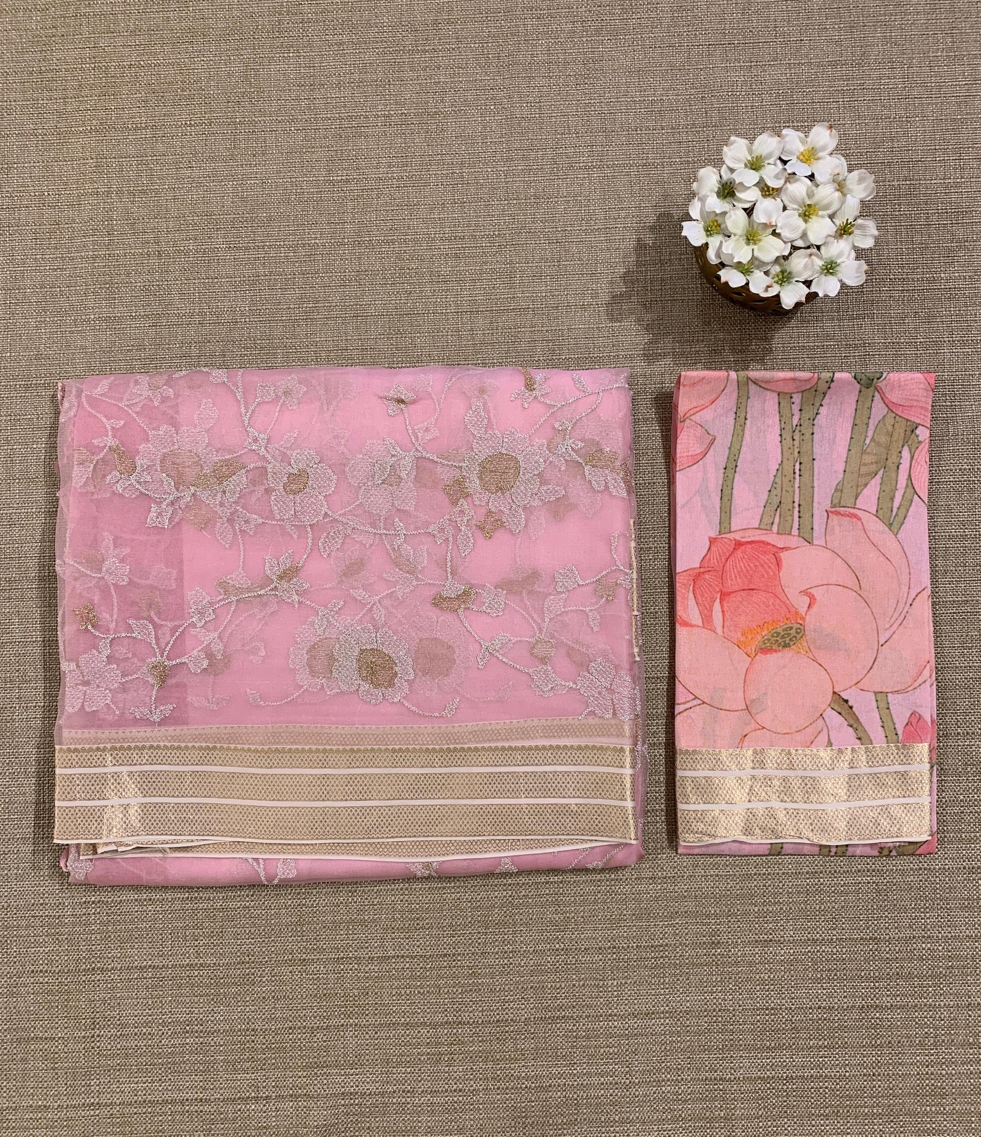 Pink Muslin allover embroidered Saree with pichwai printed blosue