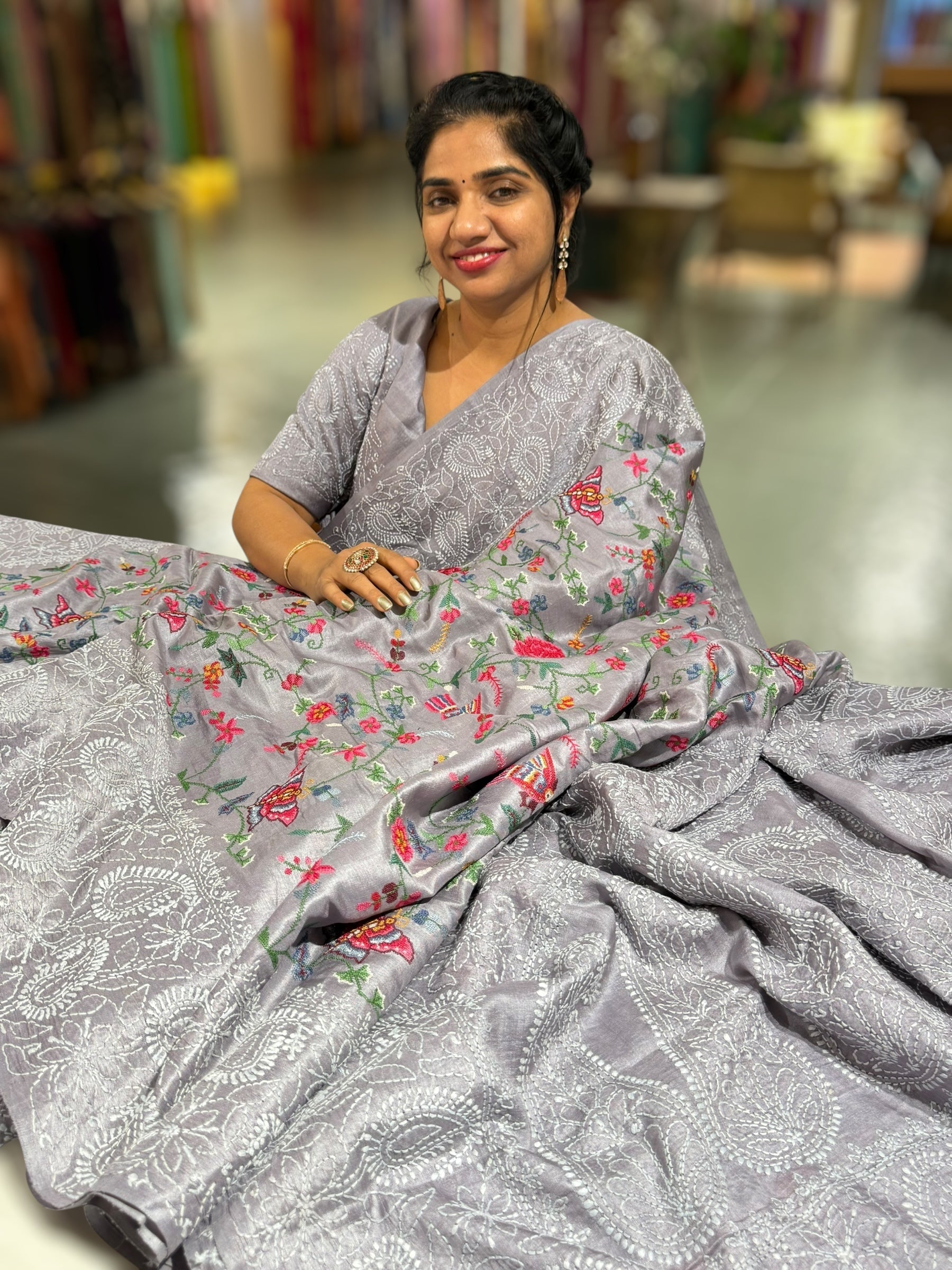 Lilac undertone tussar Saree with lucknowi border and pallu with allover petite point embroidery.