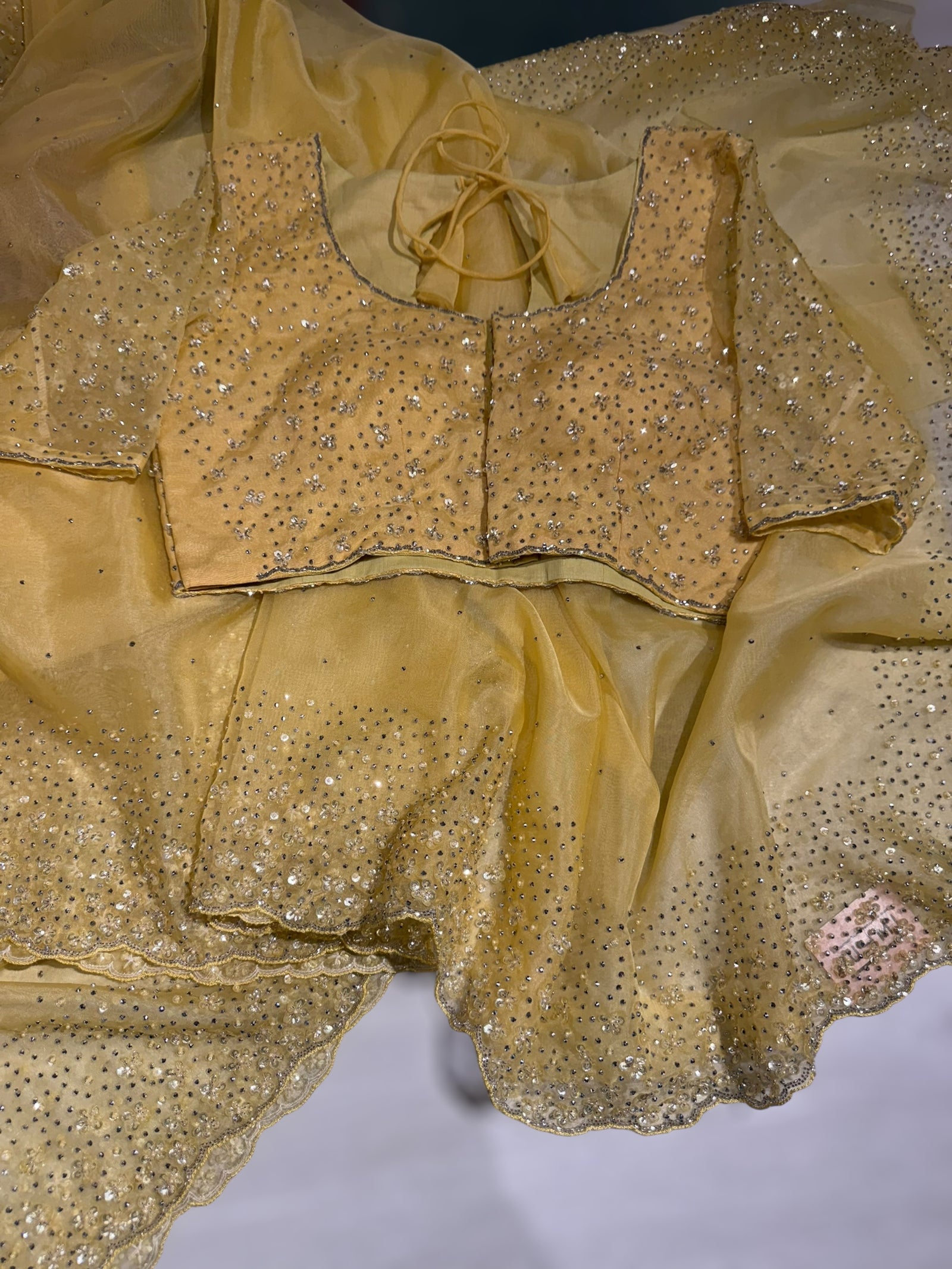 Pastel yellow Organza handwork saree with ready to wear blouse