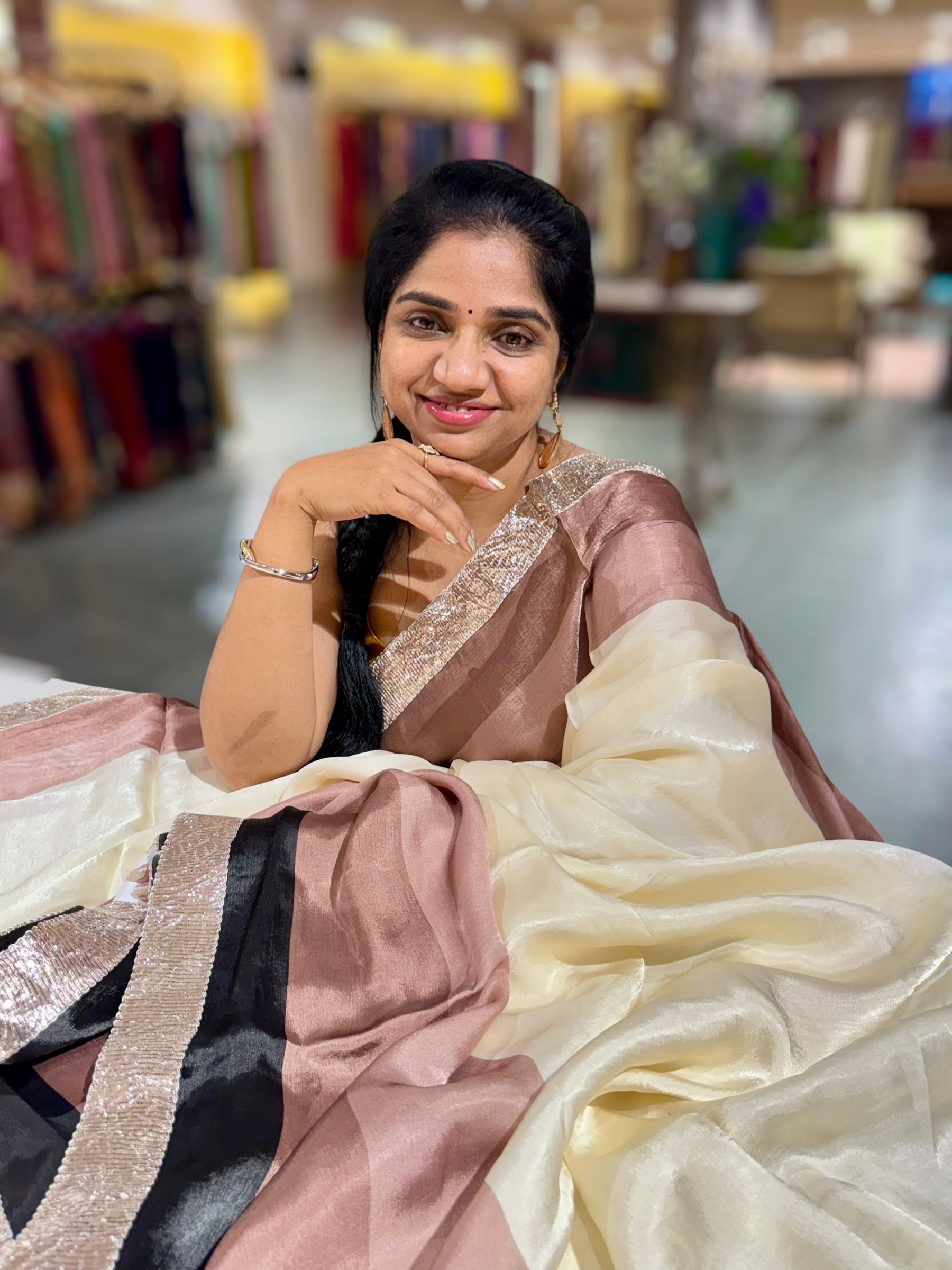 Ivory, Brown & Black Combo Chinnon Crepe Saree with Gotapatti Borders