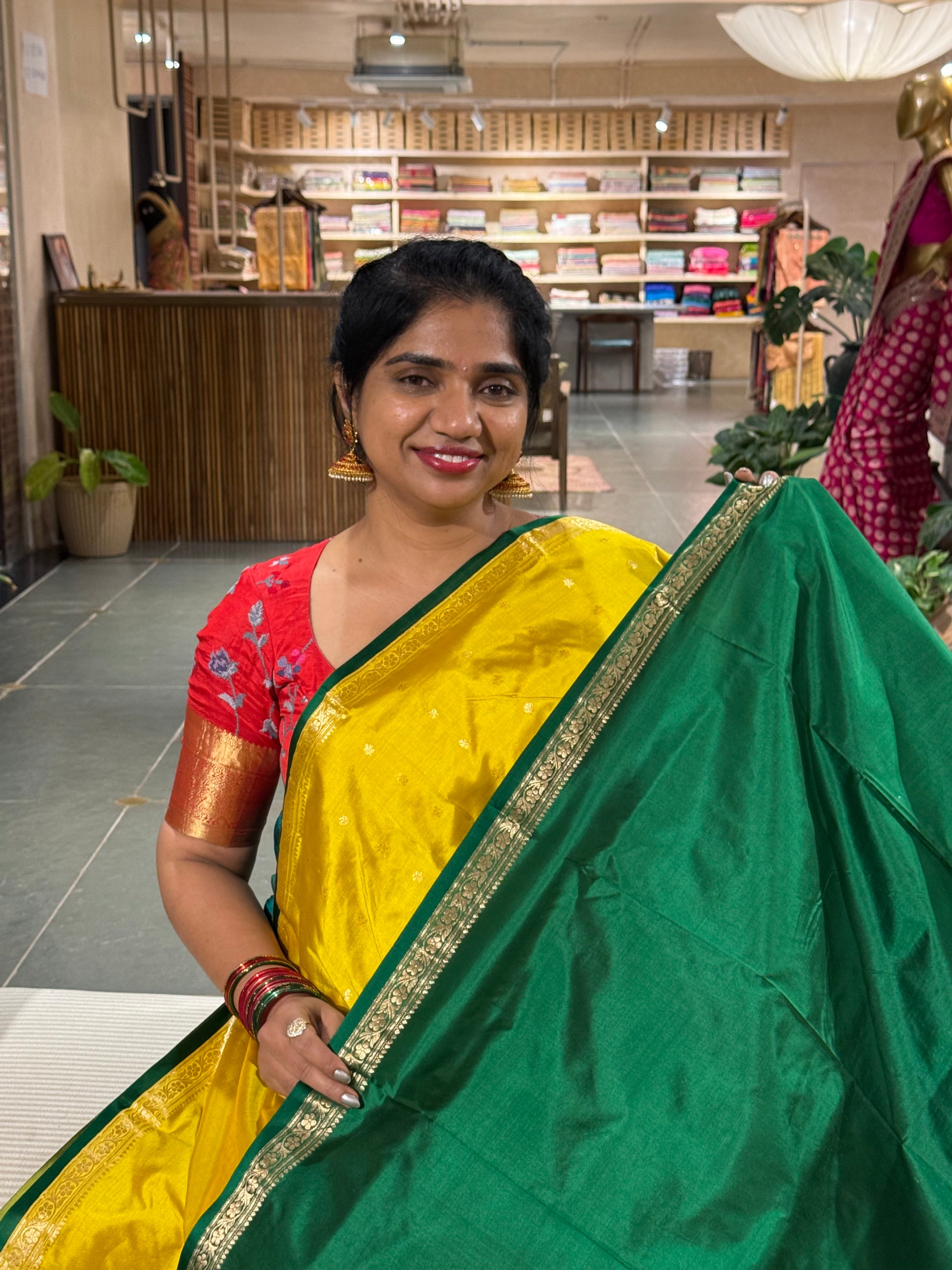 Mango yellow-Banarasi Katan Silk Saree With Petite Point Embroidered Silk Blouse
