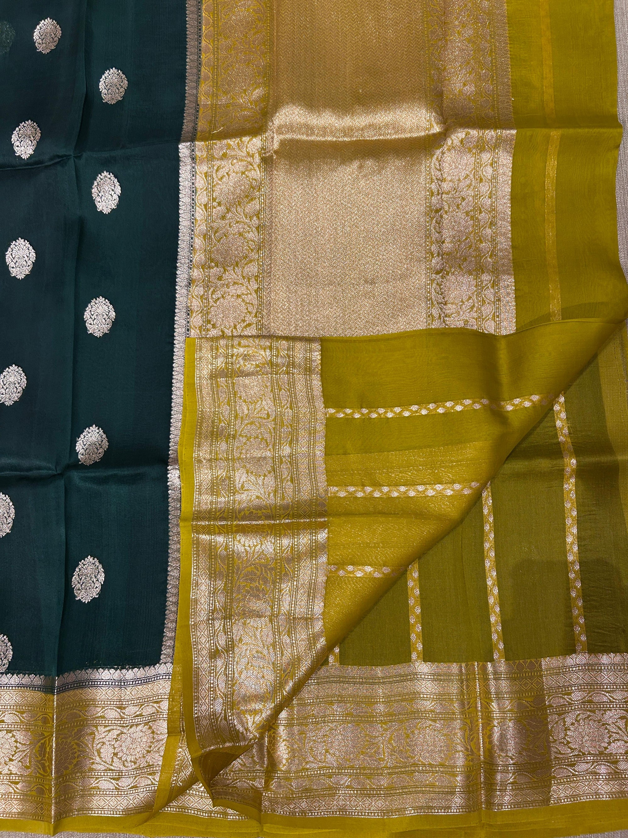 Bottle Green & Moong dal green combo Pure Handloom premium Kora Banarasi Saree