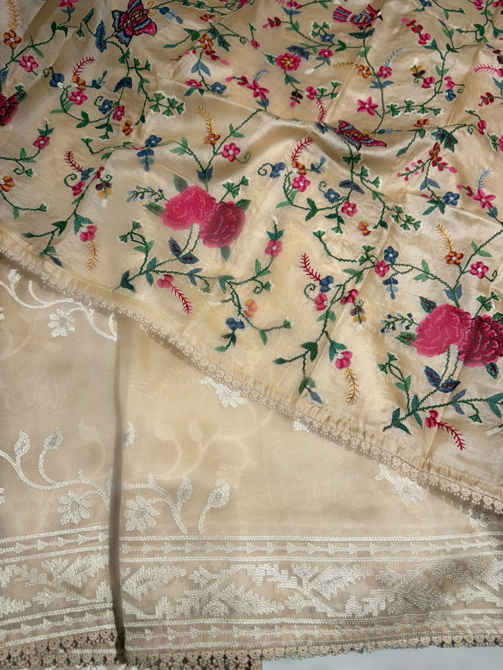 Beige Pure Organza with jamdani inspired embroidery