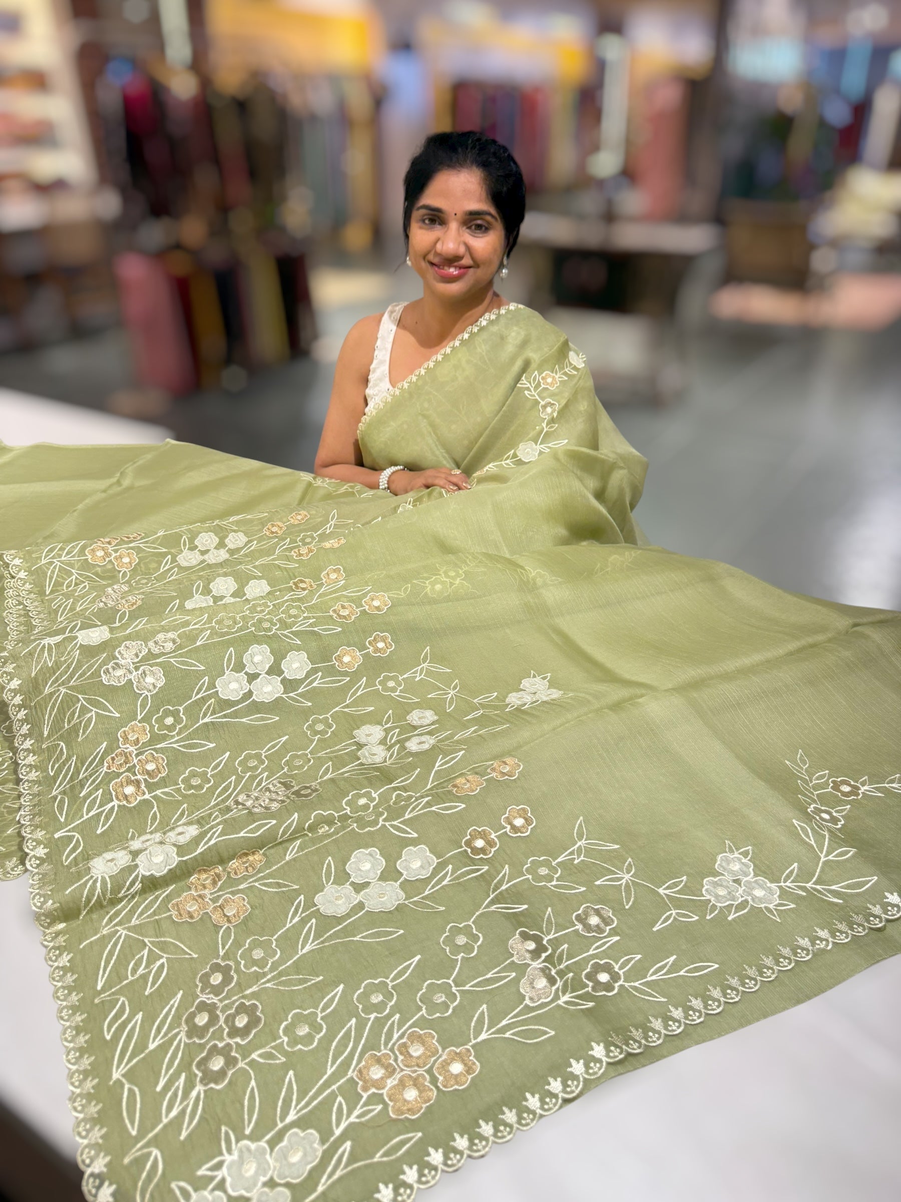 Olive Organza Saree With Tissue Applique Work