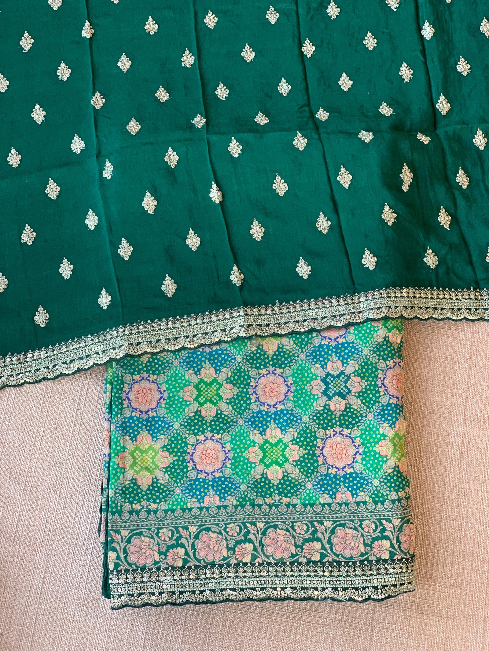 Emerald Green & Blue Banarasi bandhini georgette