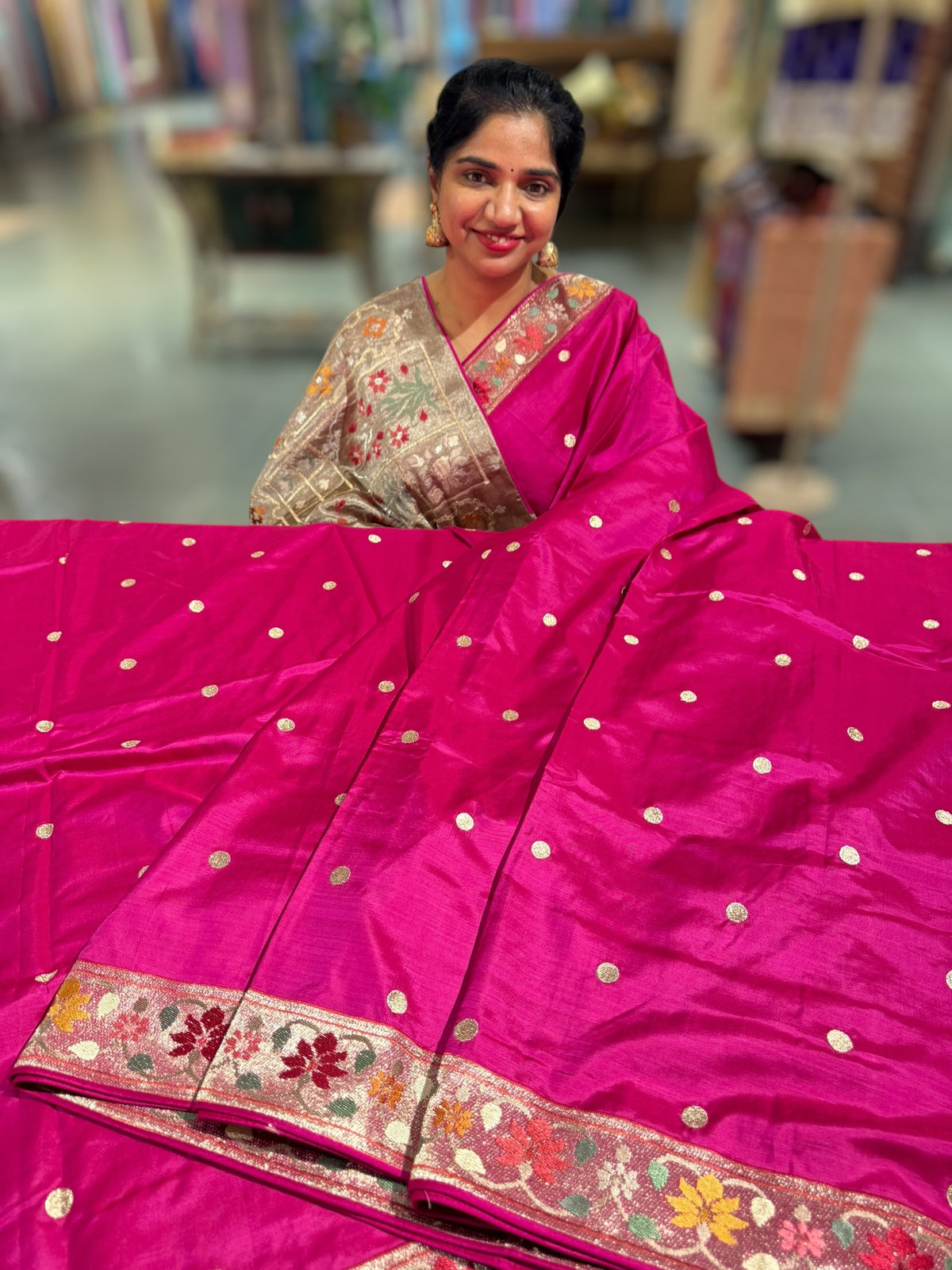 Rani Pink Kanchi soft silk saree with pythani and jamdani inspired embroidery
