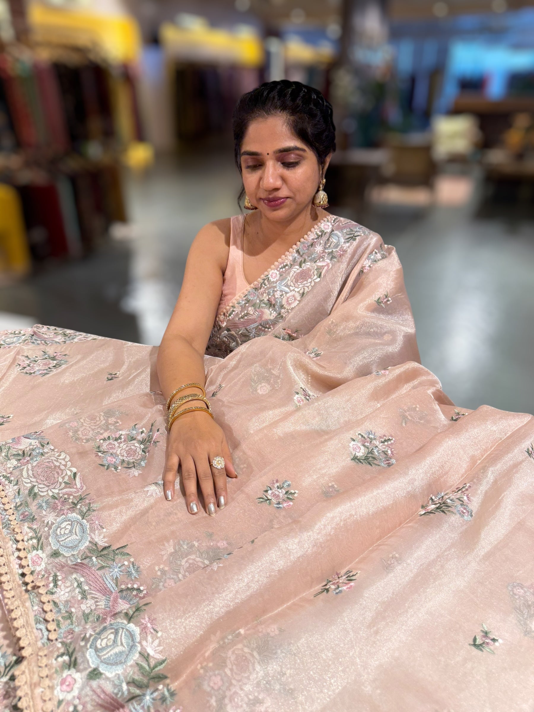 Pastel Pink Pure Tissue Saree With Parsi Gara Embroidery