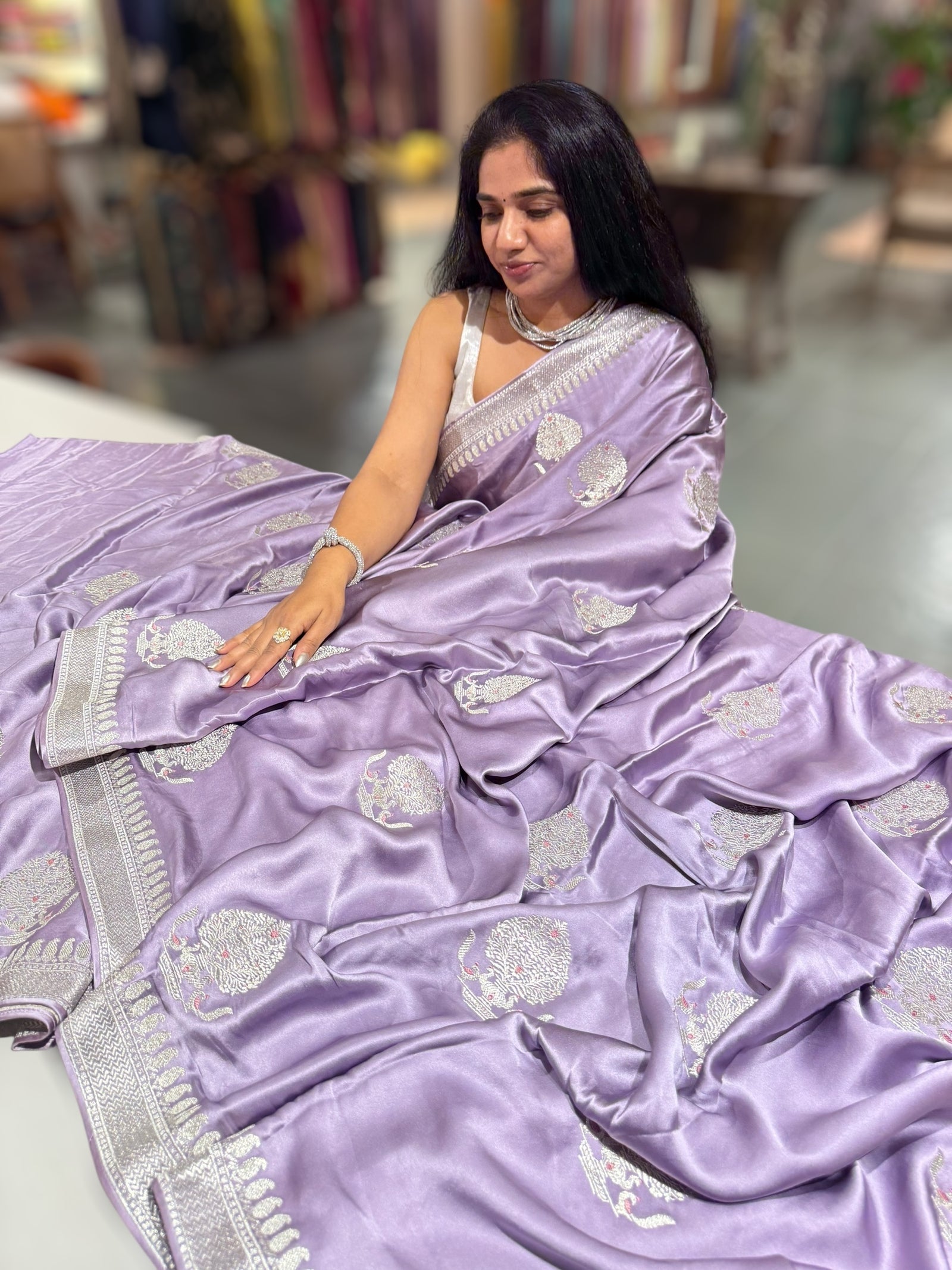 Lilac Pure Satin Saree with Embroidery.