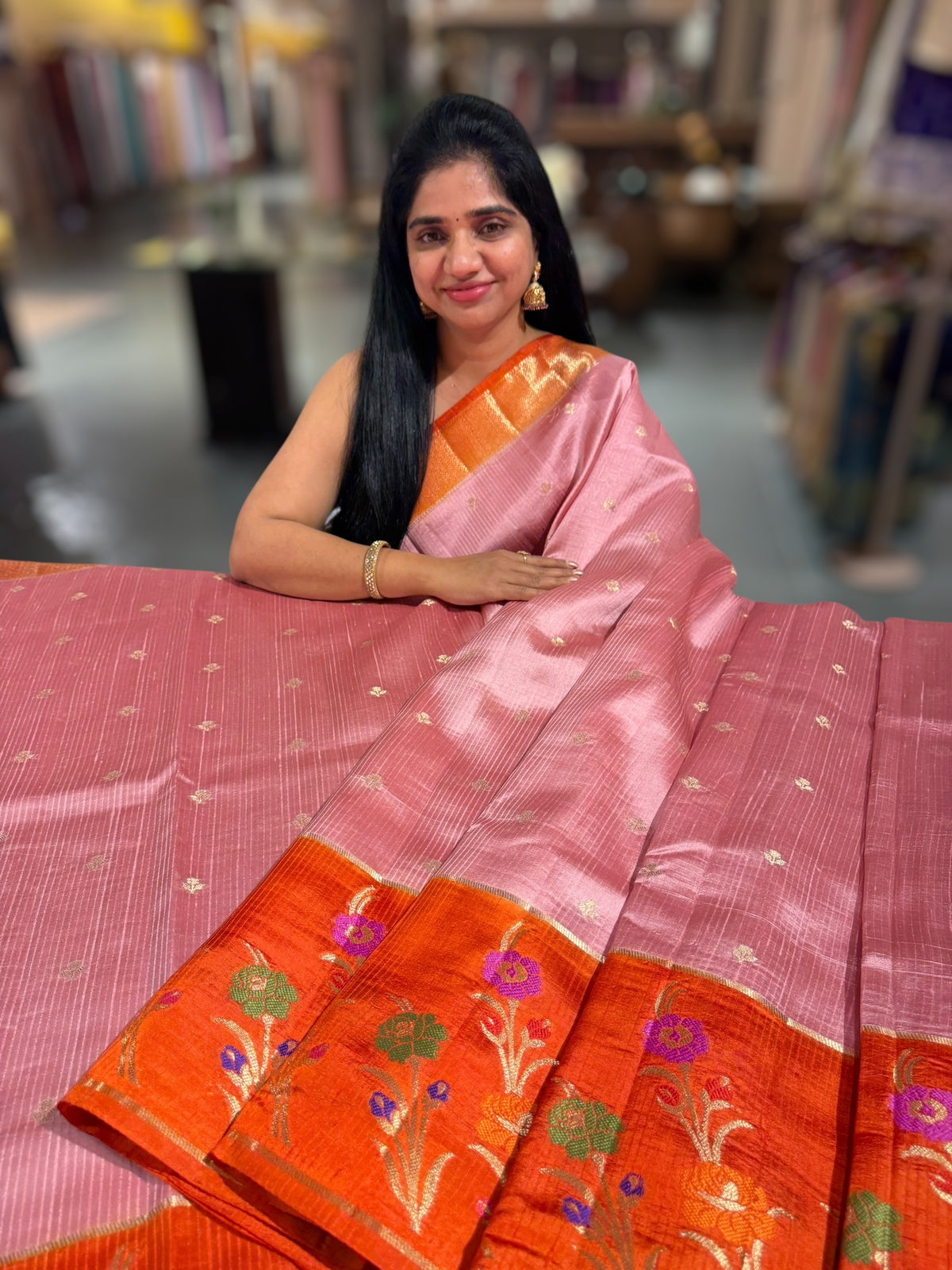Onion pink & Orange Poona silk saree