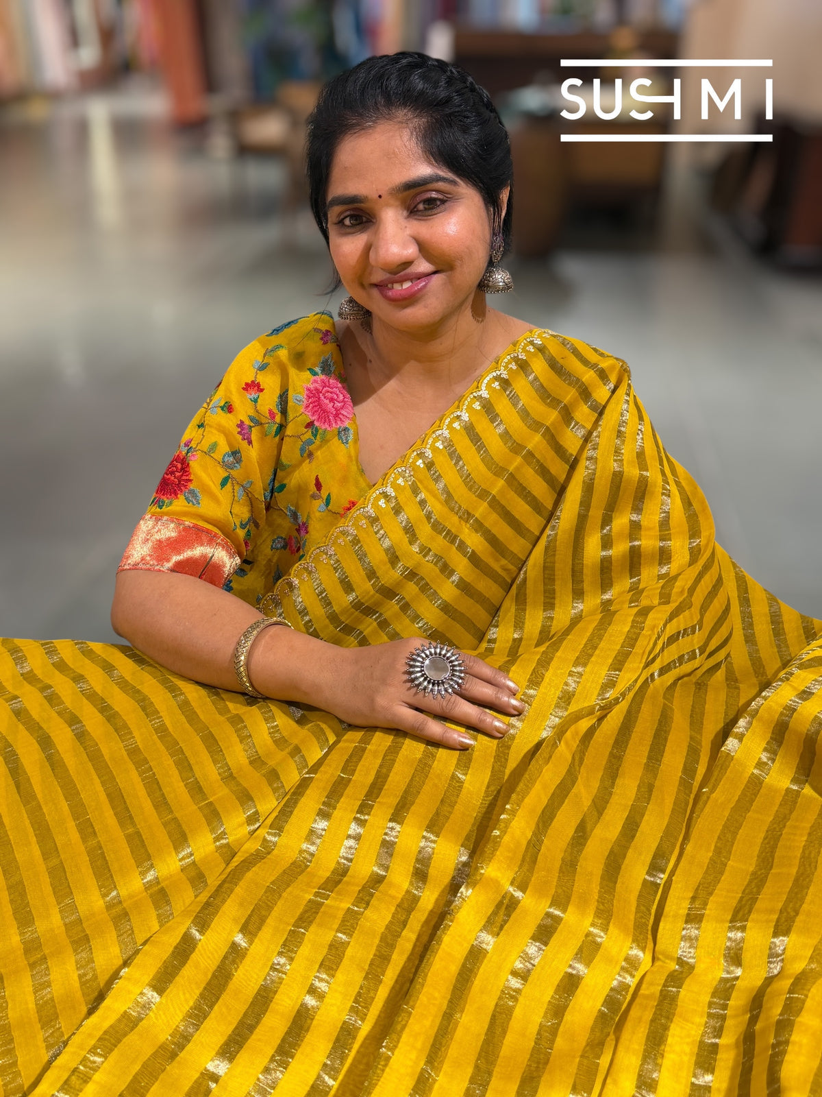 Mango Yellow Mul tissue stripes saree with fusion blouse : D62135