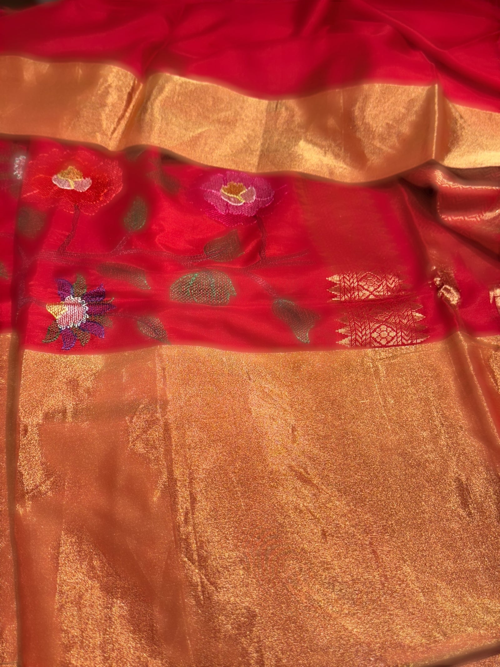 Chilli Red Kanchi Soft Silk Saree with allover jamdani inspired embroidery