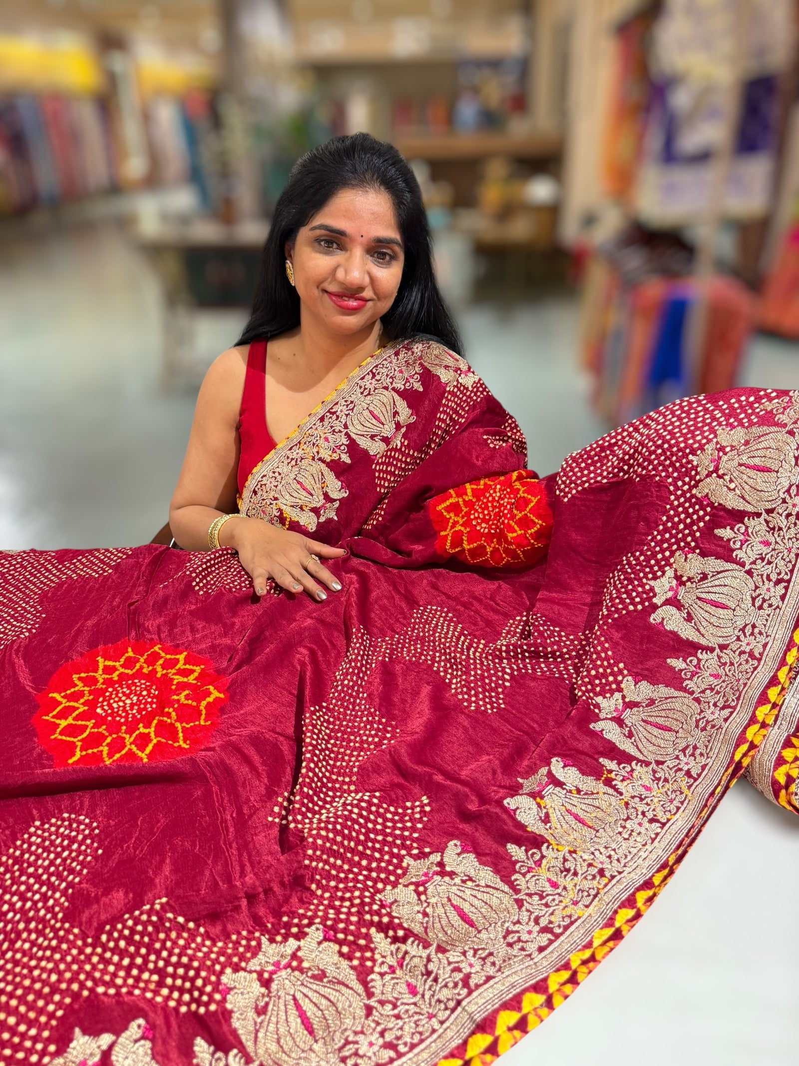 Burgundy Designer Rai Bandhej Saree With Embroidered Border