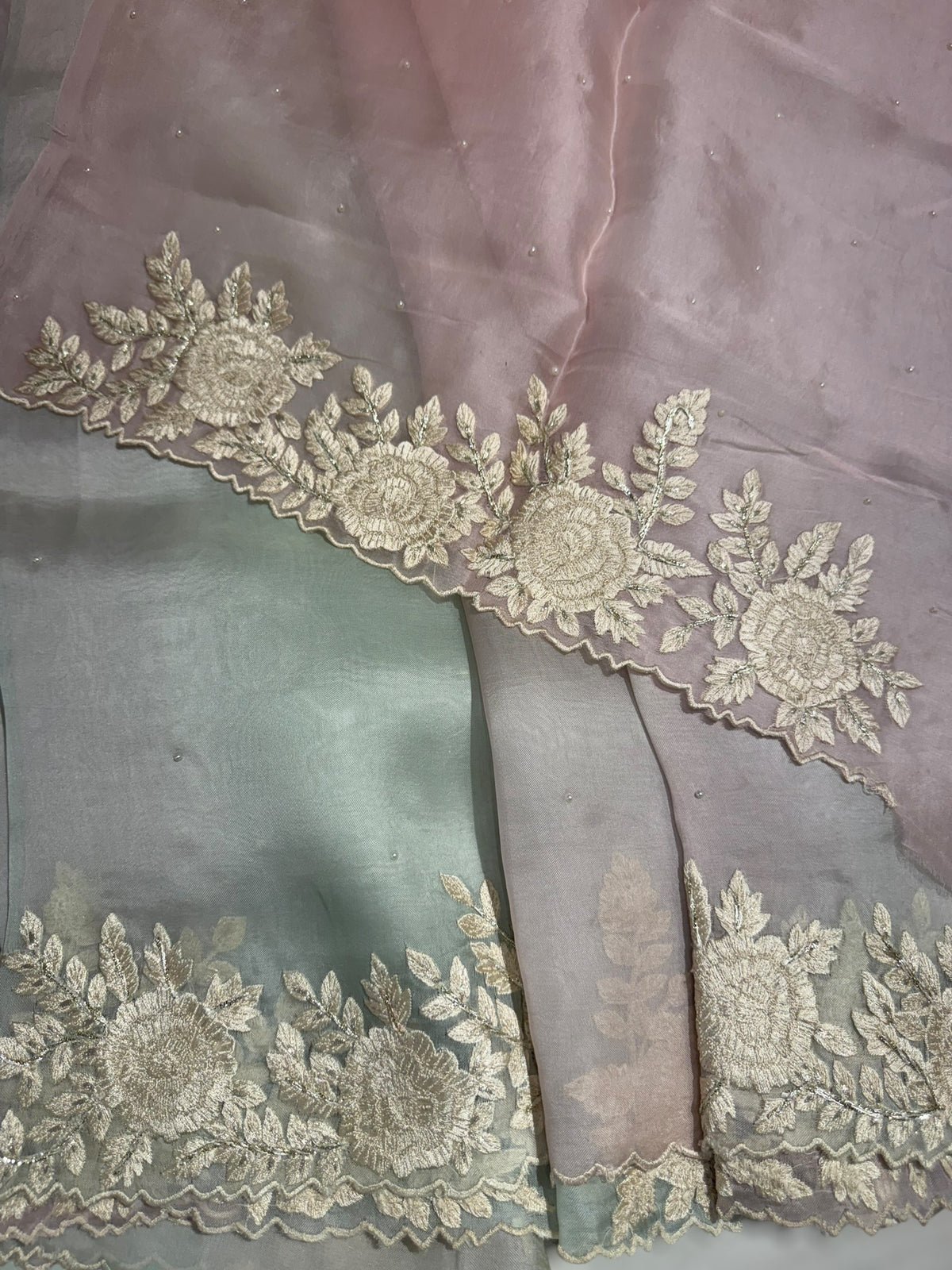 Ombre dyed Pure Organza Saree with parsi gara embroidery