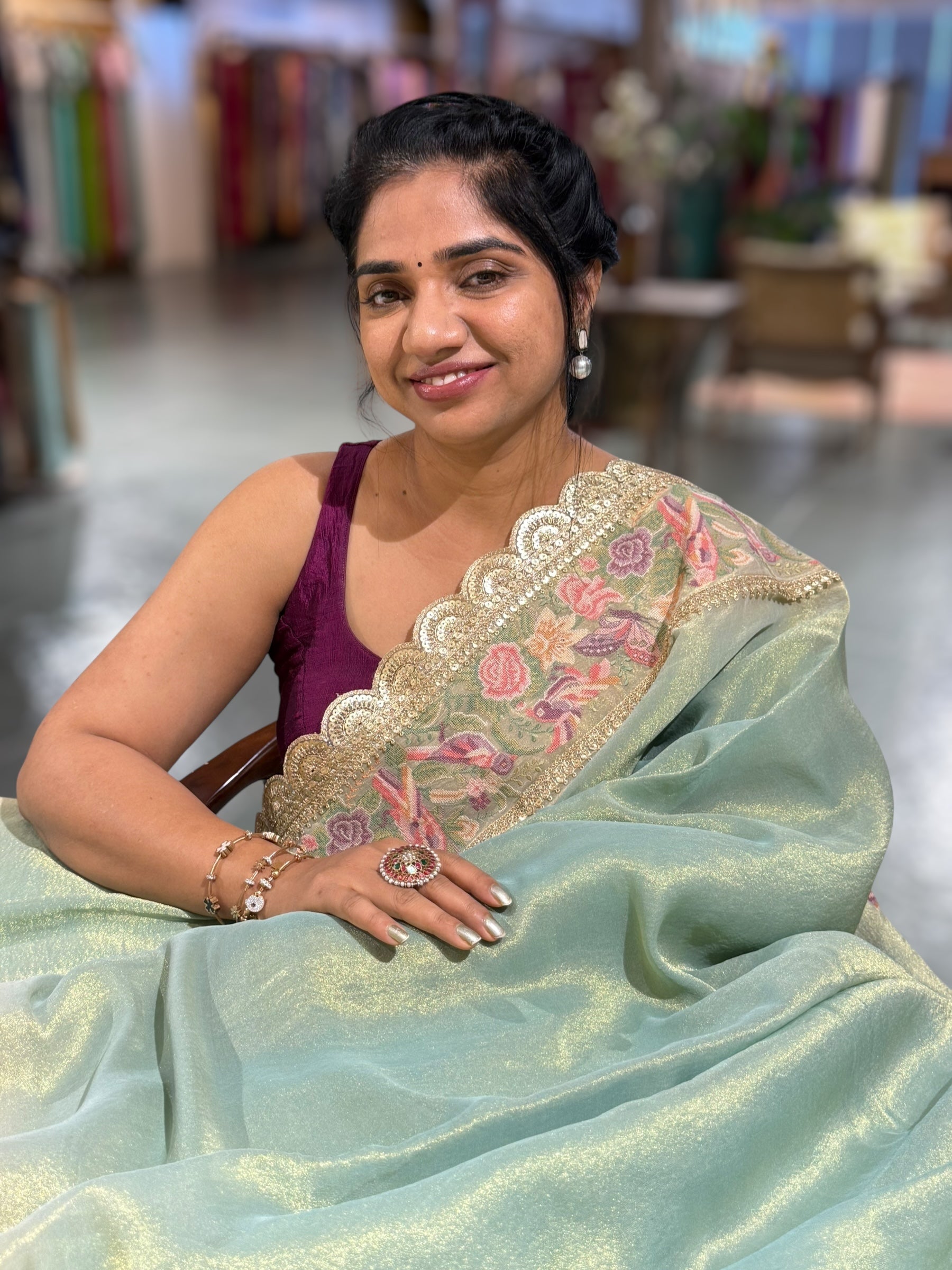 Sea Green Tissue Gorgette Saree With Petite Point Embroidered Border