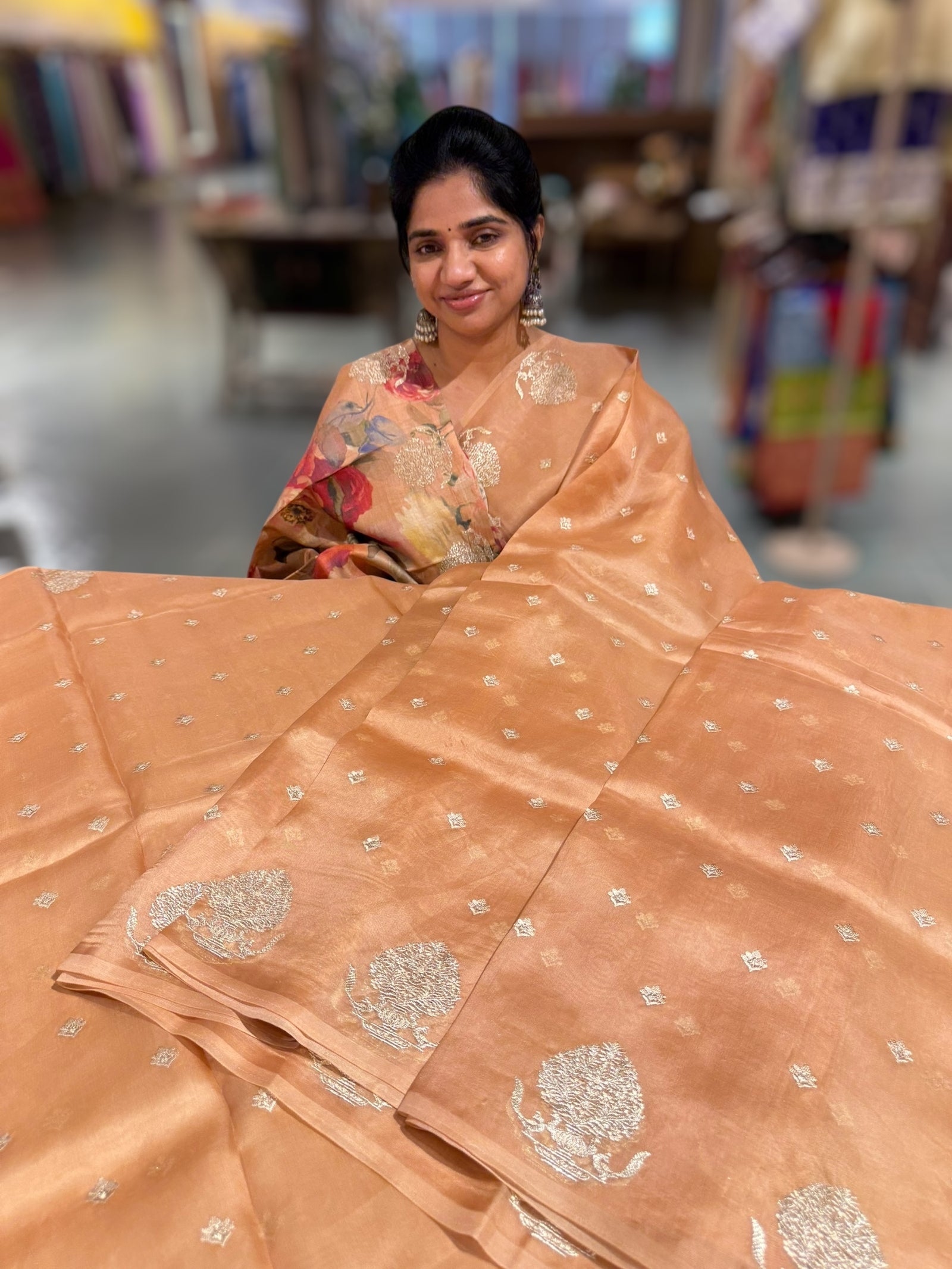 Peach Organza Saree With Embroidered Motifs & Tussar Printed Blouse
