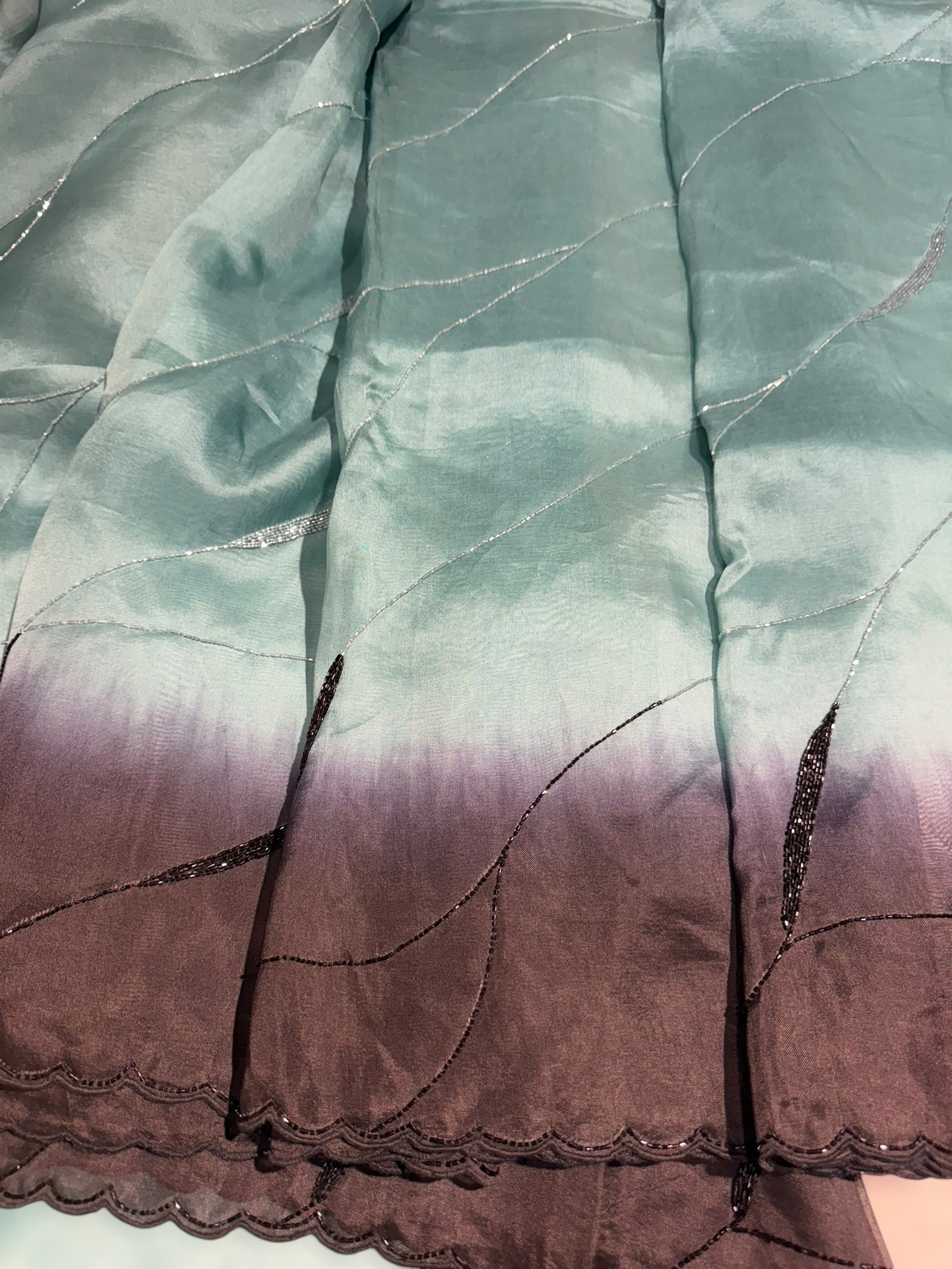 Teal & Black Ombre Dyed Pure Organza handwork saree