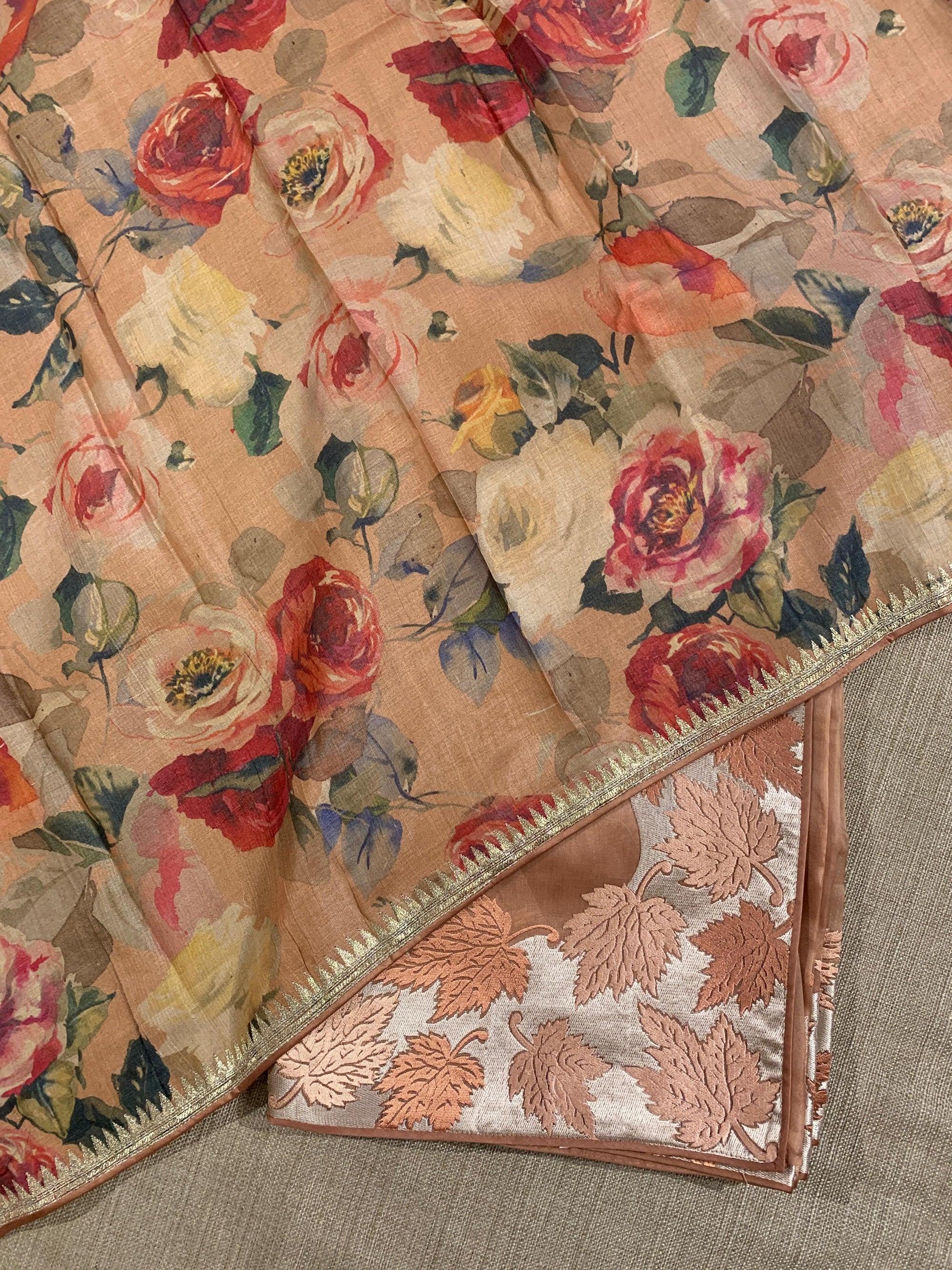 Peach Organza Saree with Stunning Leaf Embroidered Border