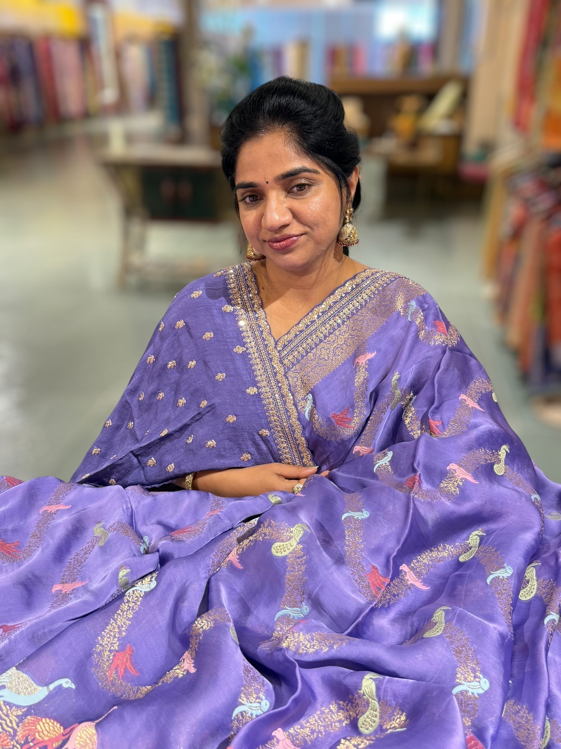 Lavender Mashru Silk Saree with allover weaving and Sahbysachi borders and Blouse