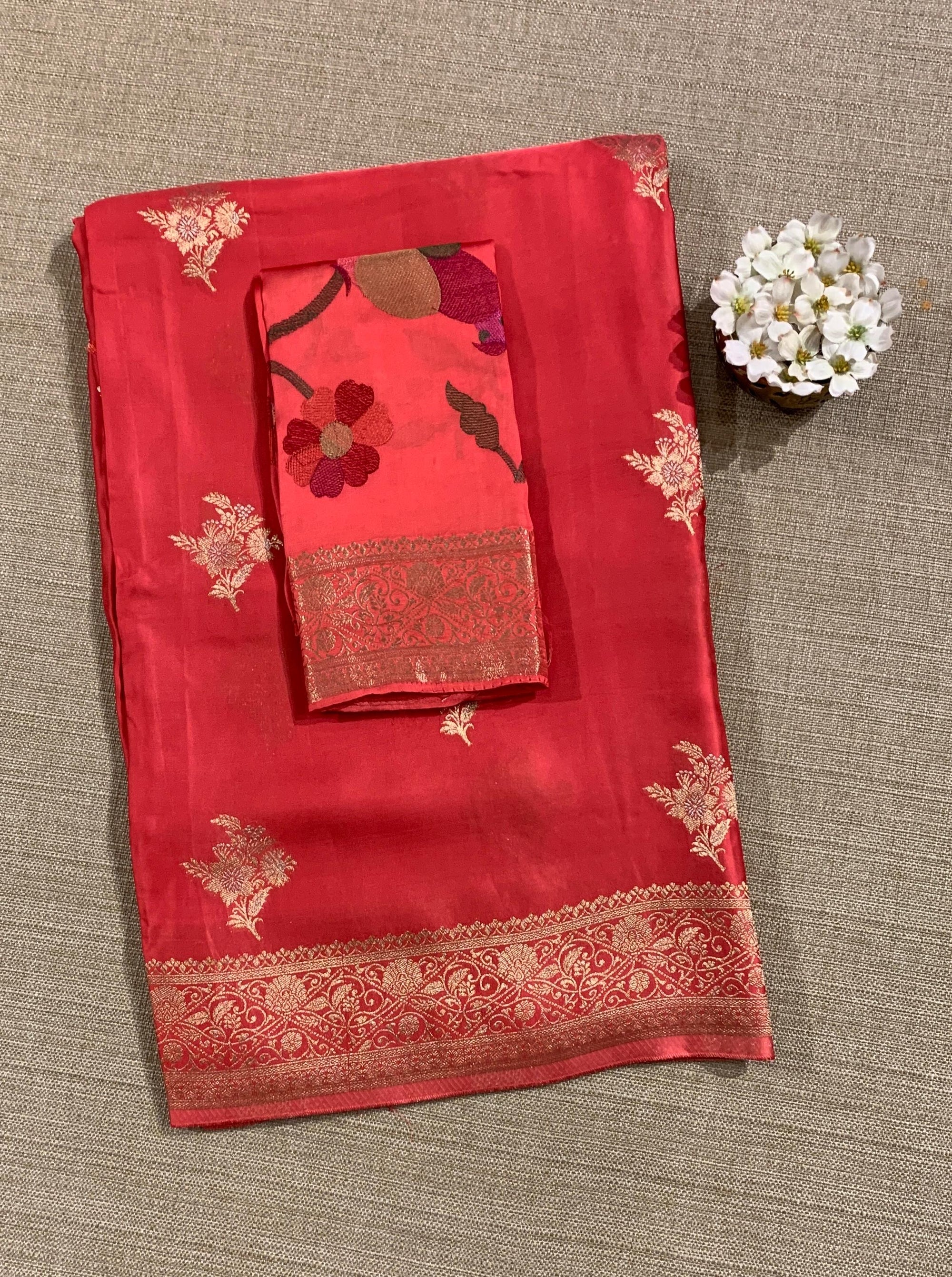 Dark Peach Pink Mashru Silk Saree with Paithani inspired embroidered blouse