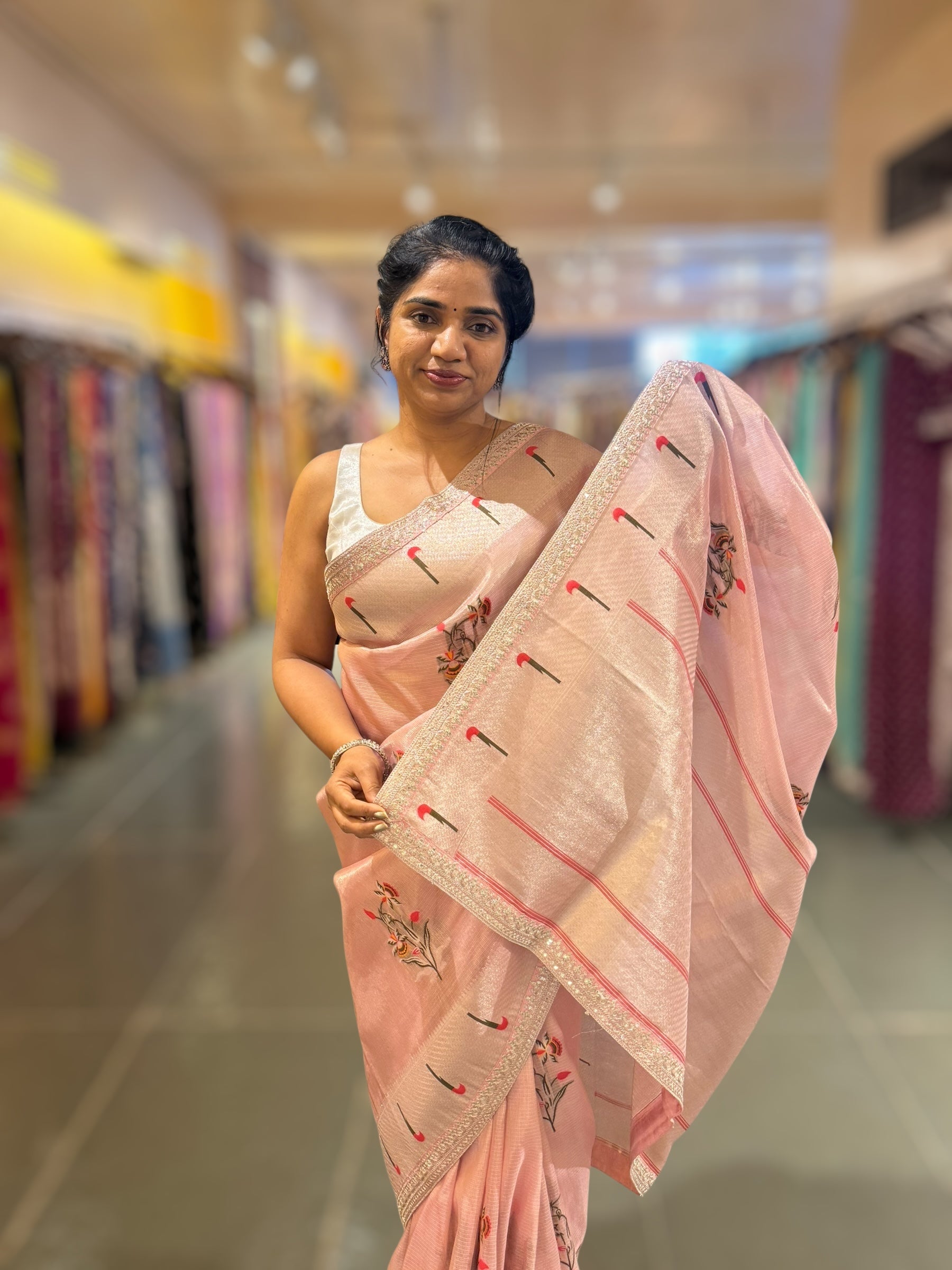 Baby Pink Tissue Kota Saree With sabhyasachi Borders and Blouses