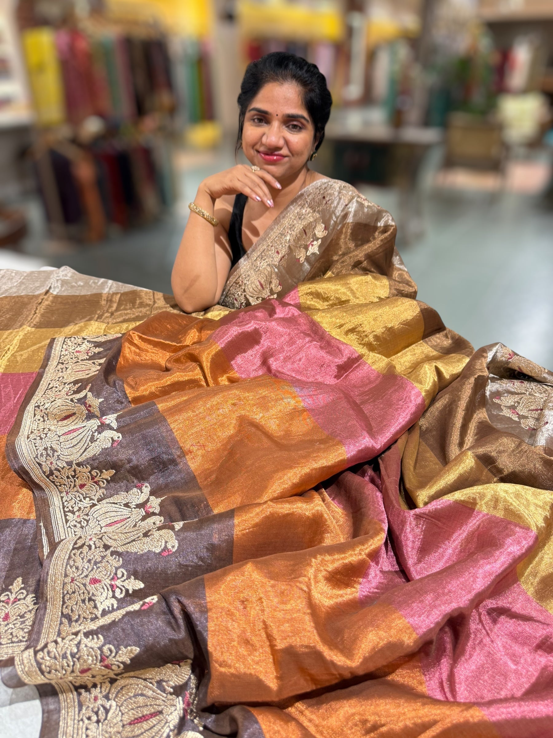Multi color chanderi Tissue saree with peacock embroidered border