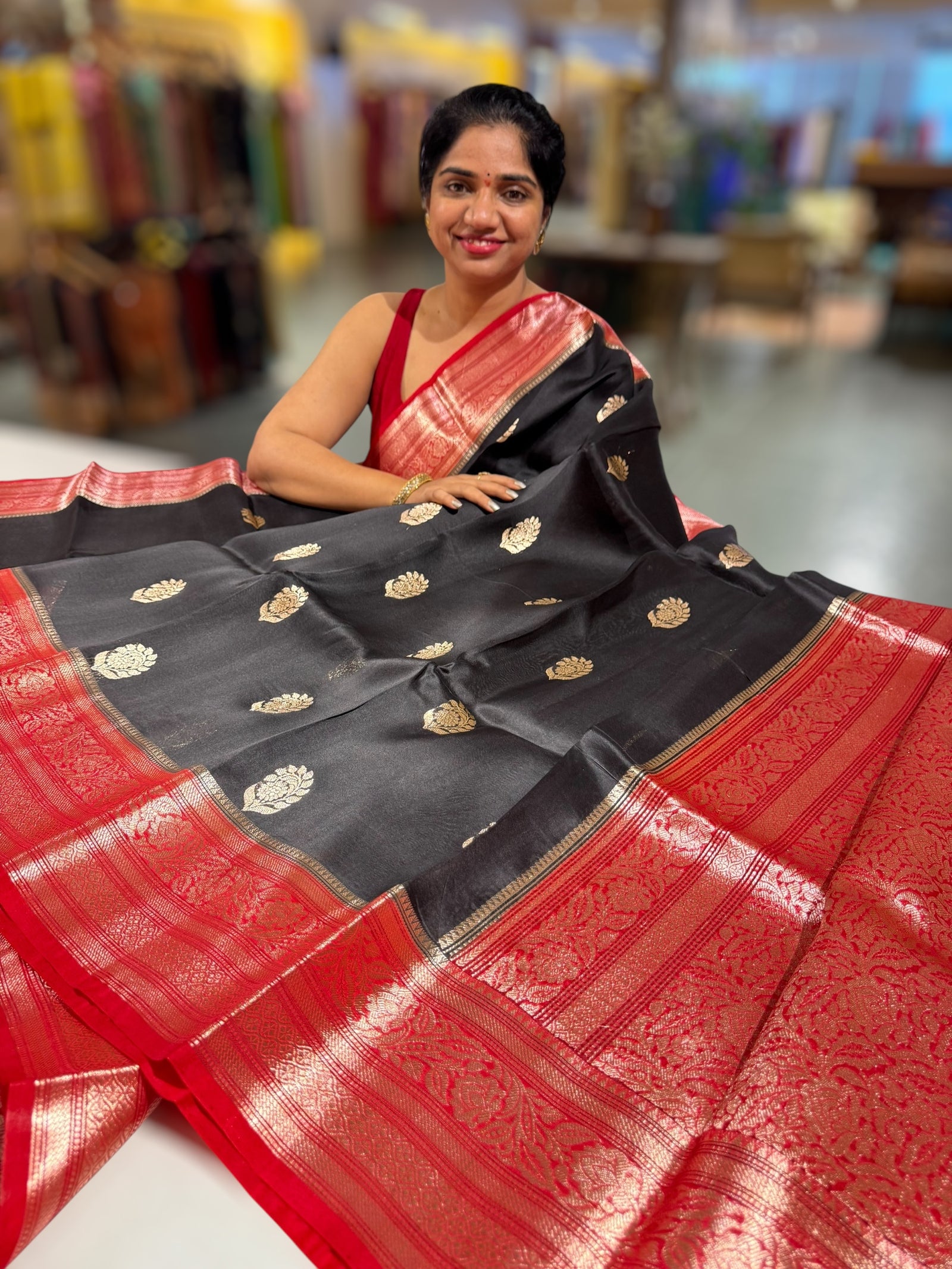 Black and Red Kora Banarasi Saree with Kaduwa woven motifs