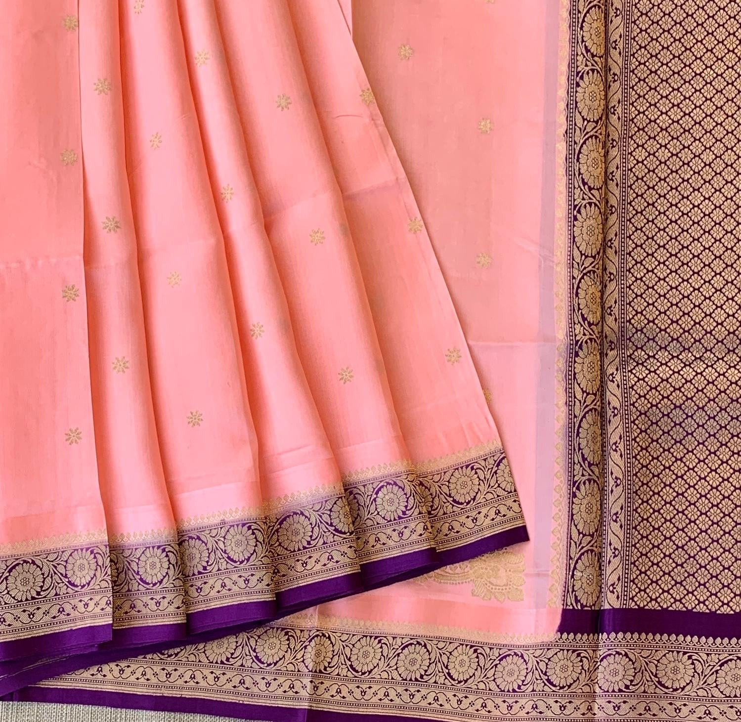 Peach Pink & Purple Combo Raw Mangoe Silk Saree with heavy weaving mashru border & kaduwa woven motifs.