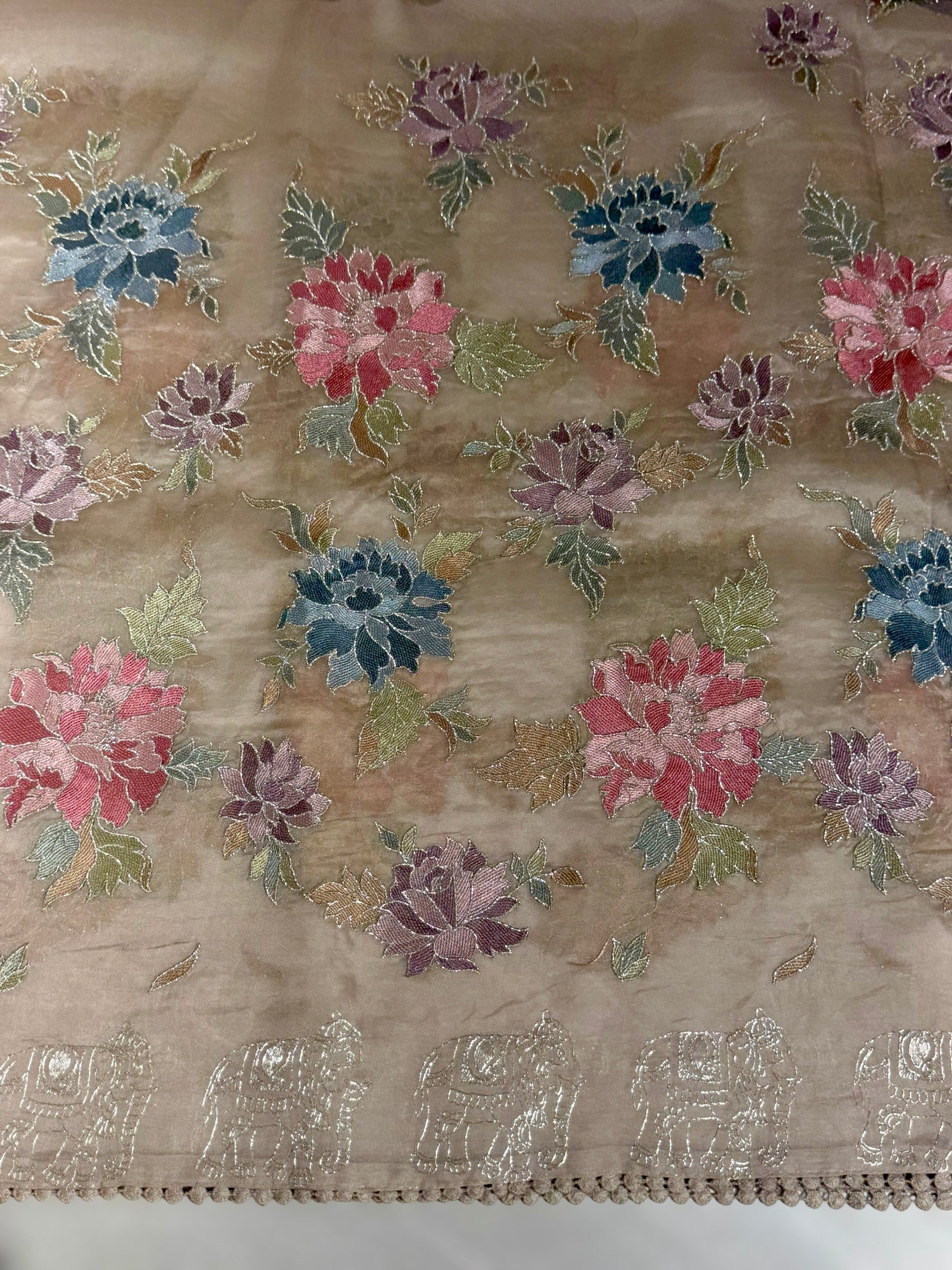 Taupe Organza Saree with Allover floral Thread Embroidery
