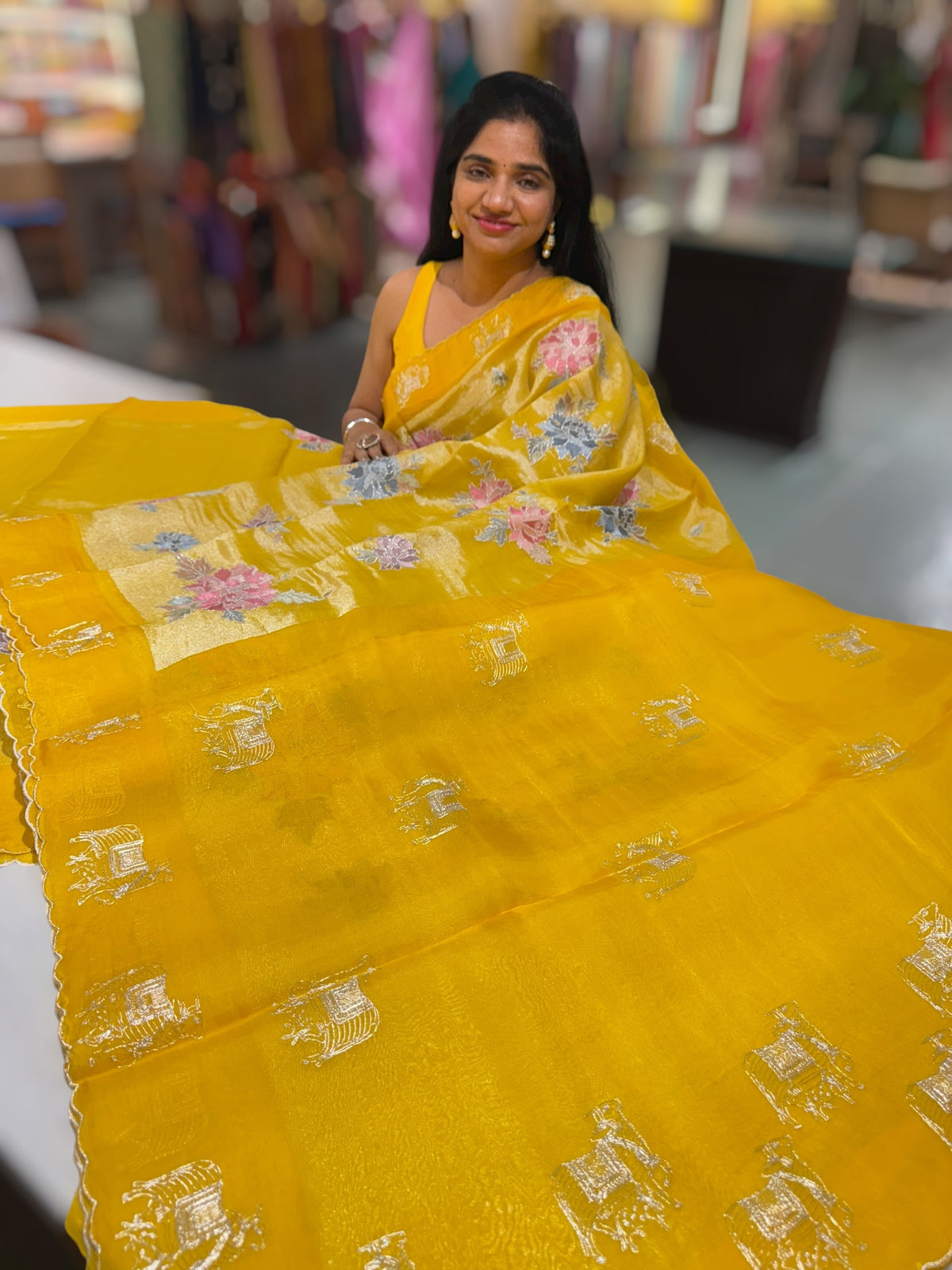 Yellow Premium Handloom Designer Tissue saree with exquisite embroidery