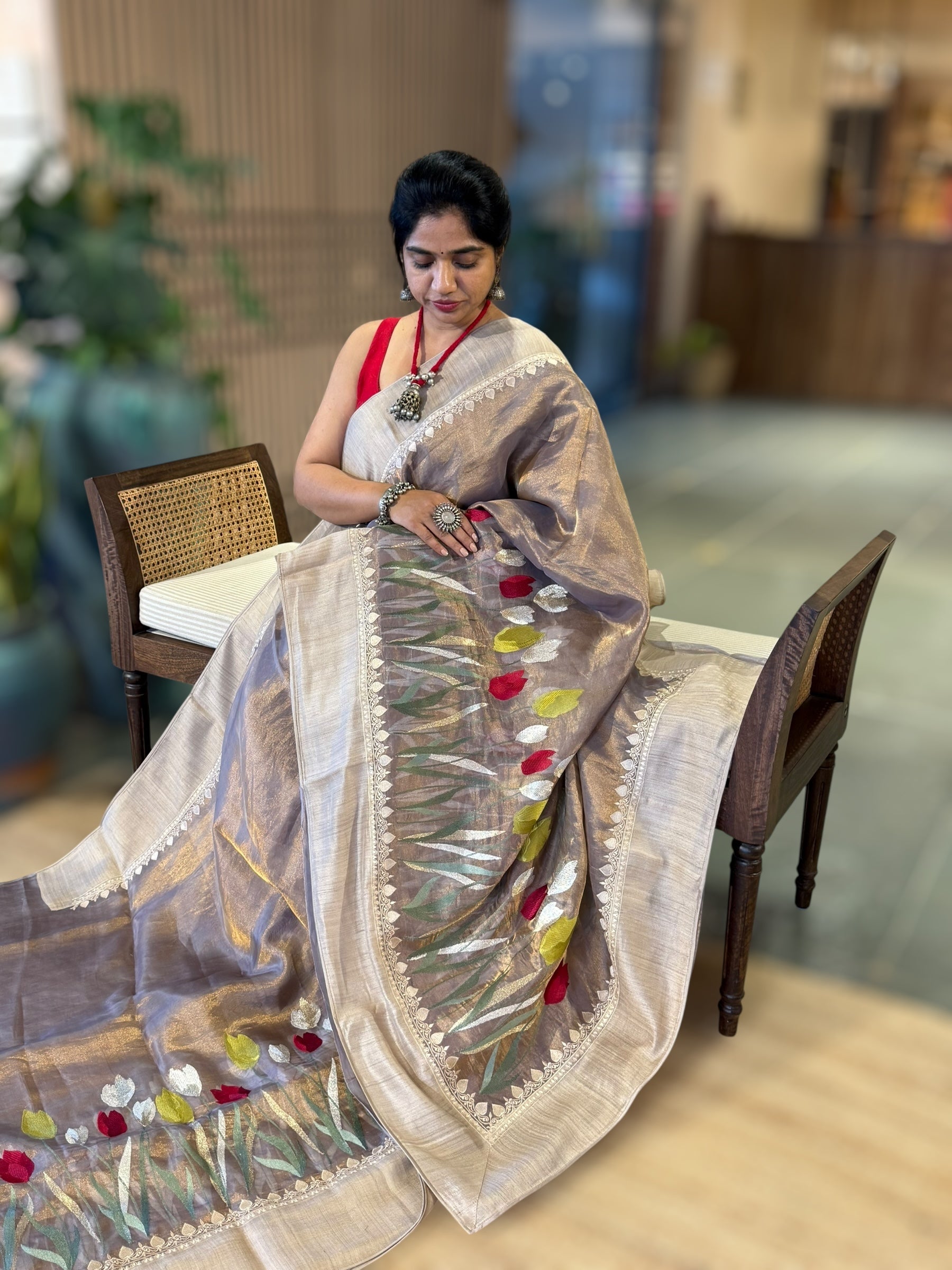 Mauve Designer Handloom Tissue Saree With Tulip embroidery