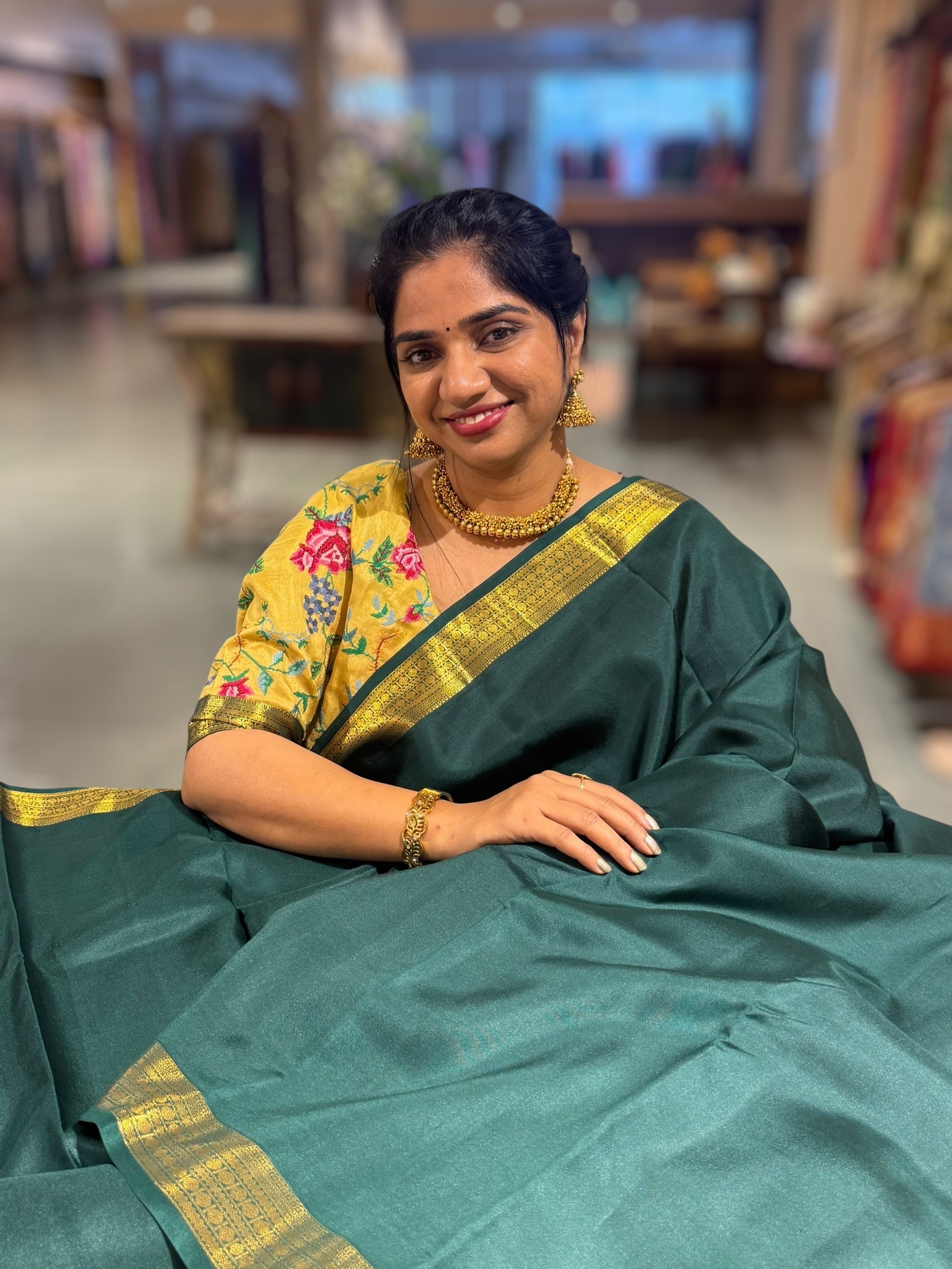 Bottle Green Kanchi Vintage Saree with Petite Point Embroidered Blouse